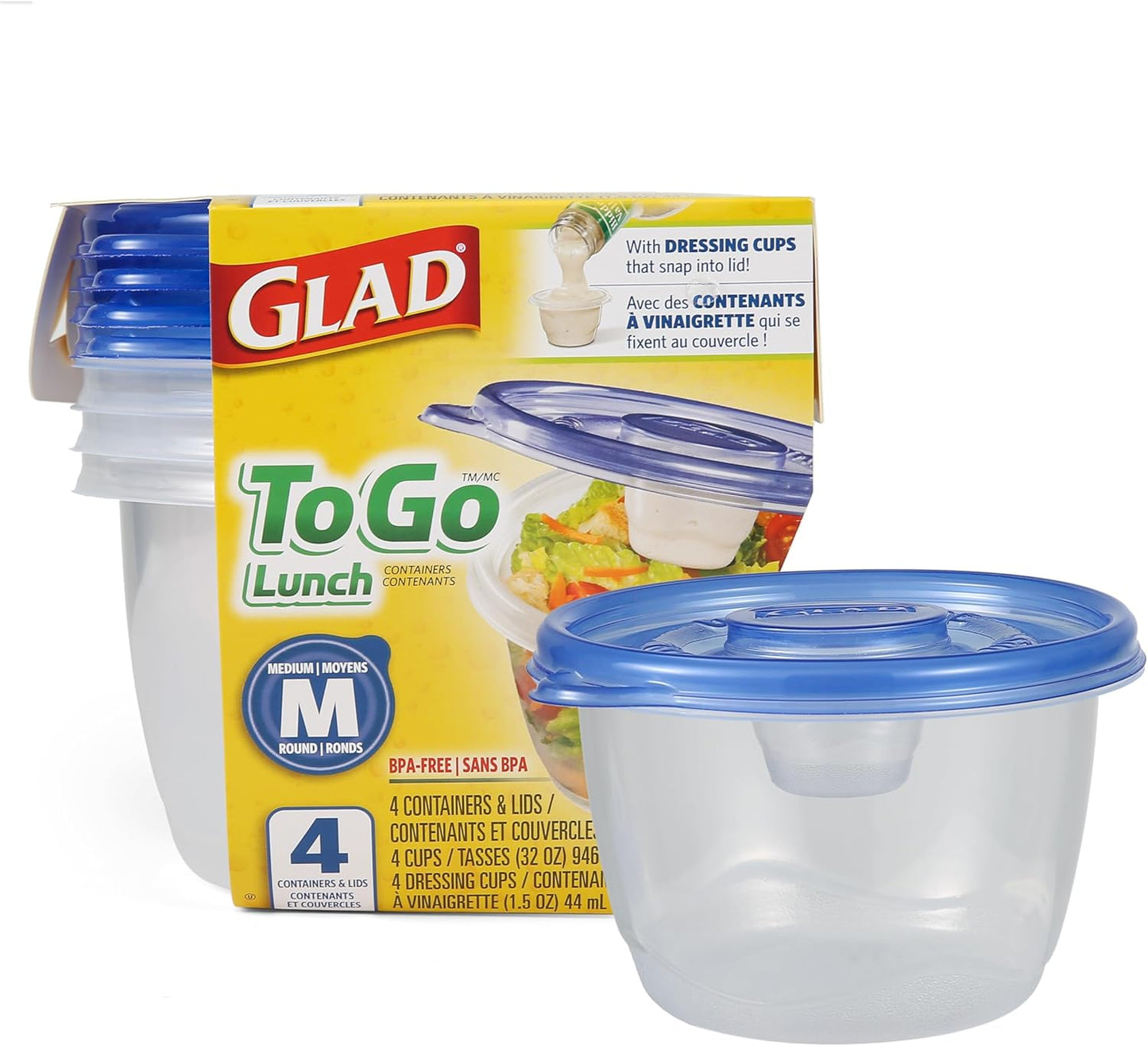 Glad GladWare To Go Lunch Food Storage Containers - Medium Round - Meal Container Holds up to 32 Ounces of Food - Lock Tight Seal, 4 Count