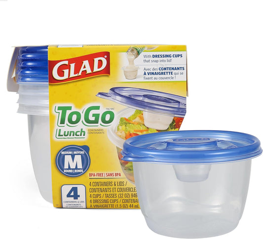 Glad GladWare To Go Lunch Food Storage Containers - Medium Round - Meal Container Holds up to 32 Ounces of Food - Lock Tight Seal, 4 Count