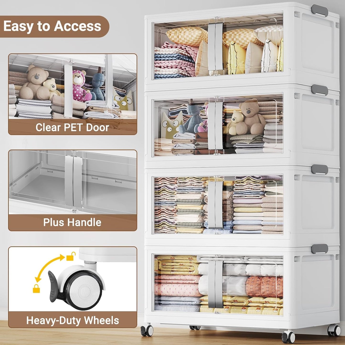 480QT Stackable Storage Bins with Lids, 120Gal Extra Large Collapsible Storage Box with Wheel, Plastic Storages with Clear Door Open Front for Home Bedroom Garage, White-3pack(3 lids)