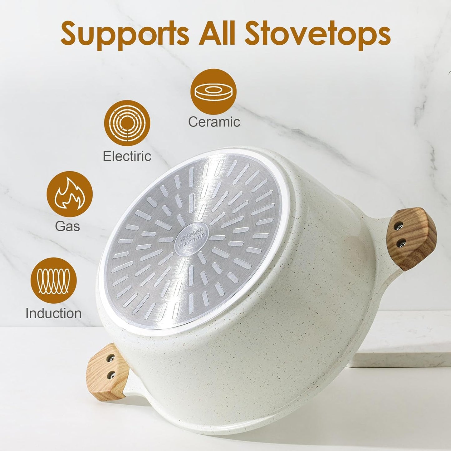 SENSARTE Ceramic Nonstick Stock Pot with Lid, 4.5 Quart Induction Cooking Pot with Tempered Glass Lid, Stew Pot for Soup and Oatmeal, Pasta Casserole, PFOA PFAS PTFE Free, White