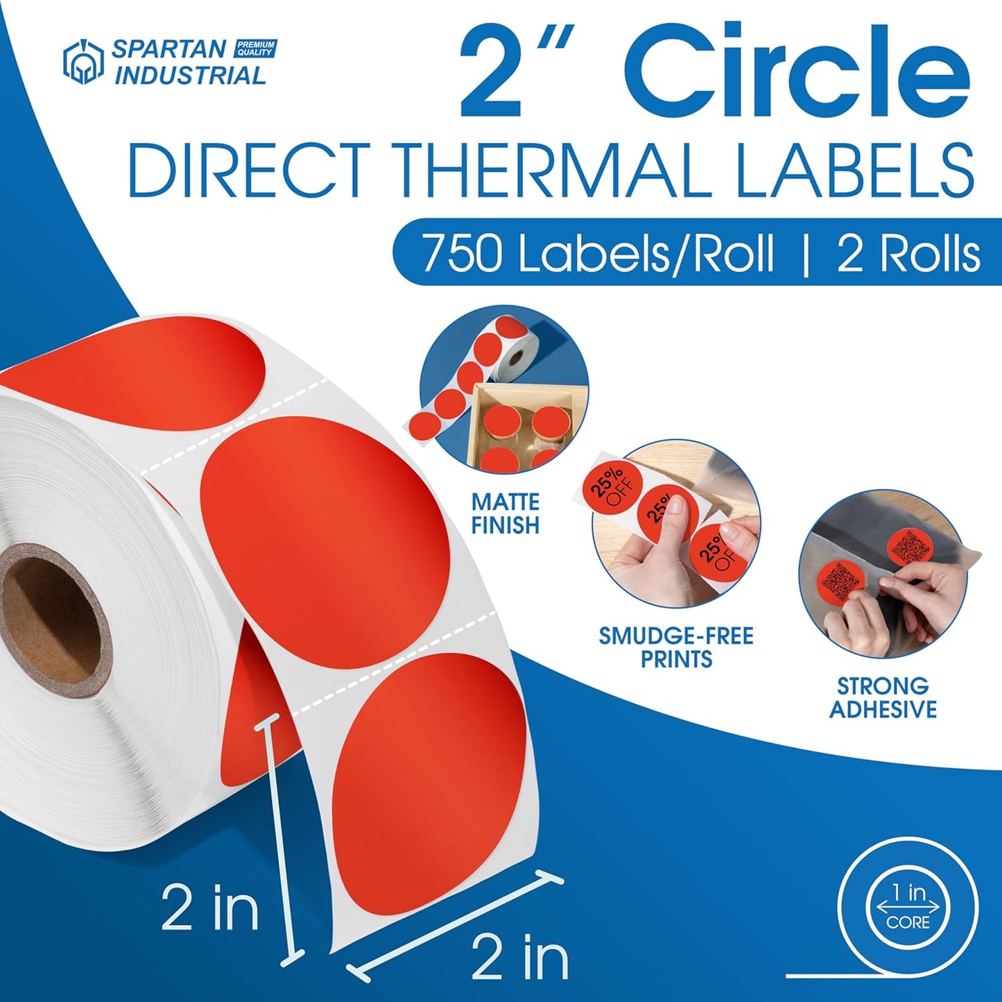 Spartan Industrial - 2" Direct Thermal Circle Labels - Red Round Stickers for Color Coding, Inventory Tags, and More (2 Rolls, 750/Roll)