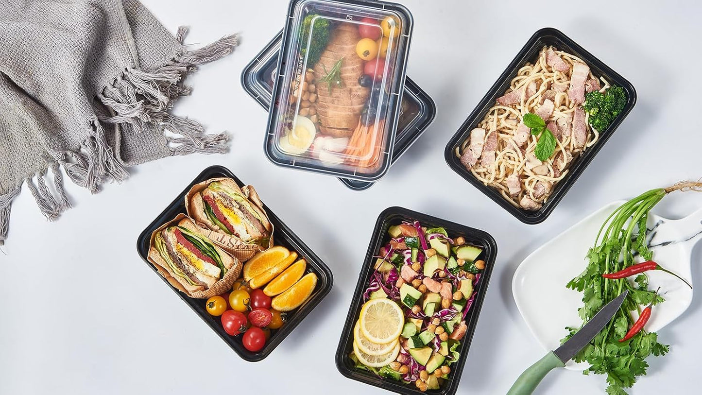 32 oz 50Pack Plastic Meal Prep Food Storage Containers with Lids Reusable 1 Compartment To Go Lunch Box Black Extra Large &Thick Microwave Freezer Safe BPA Free Stackable (Formerly FULING)