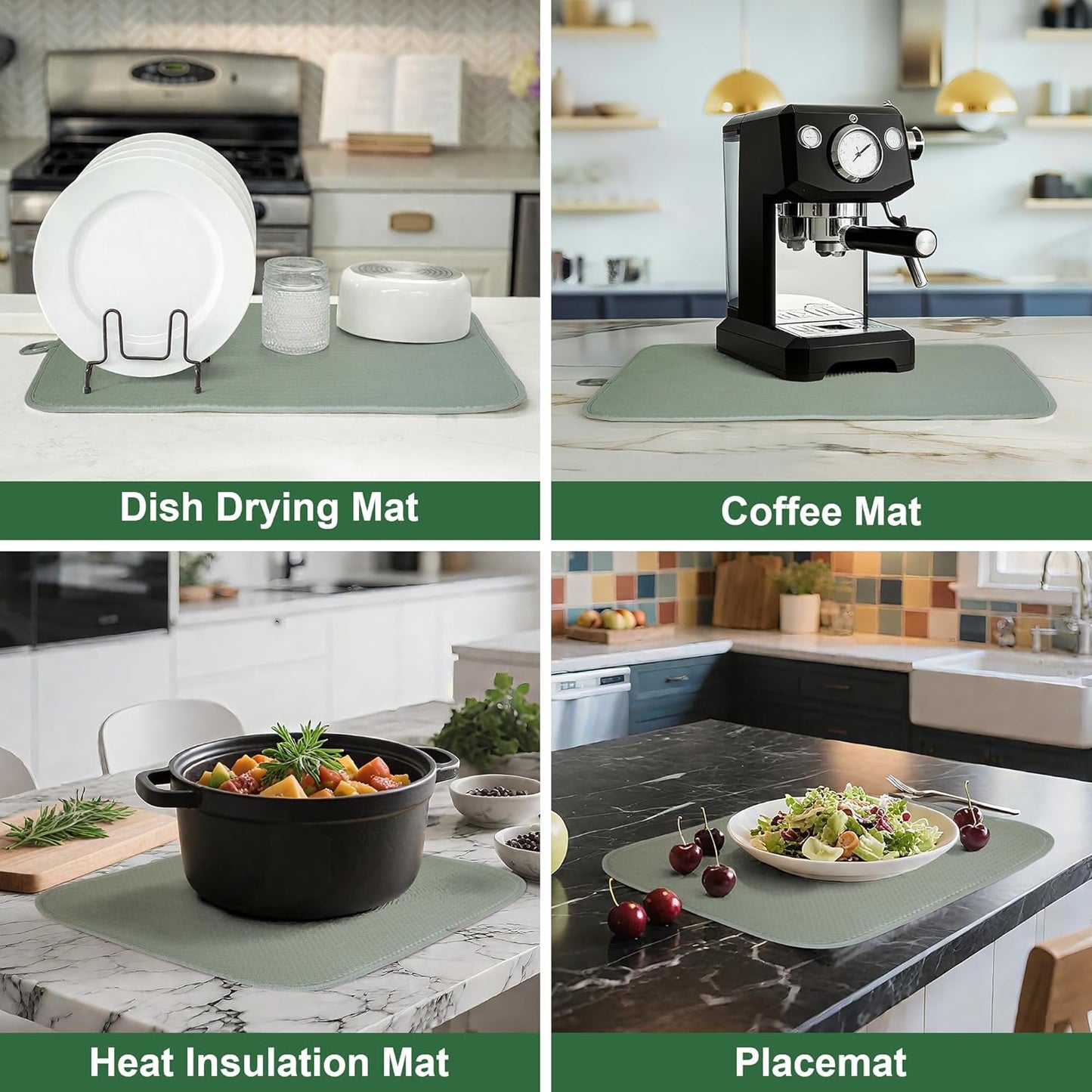 Sage Green Dish Dryer Mat, Dish Drying Mats For Kitchen Counter, Large Dish Drying Pad for Kitchen Counter, Microfiber Dish Drying Mat, for Sinks, Drainer Mats, 20 x 15 inches (Green)