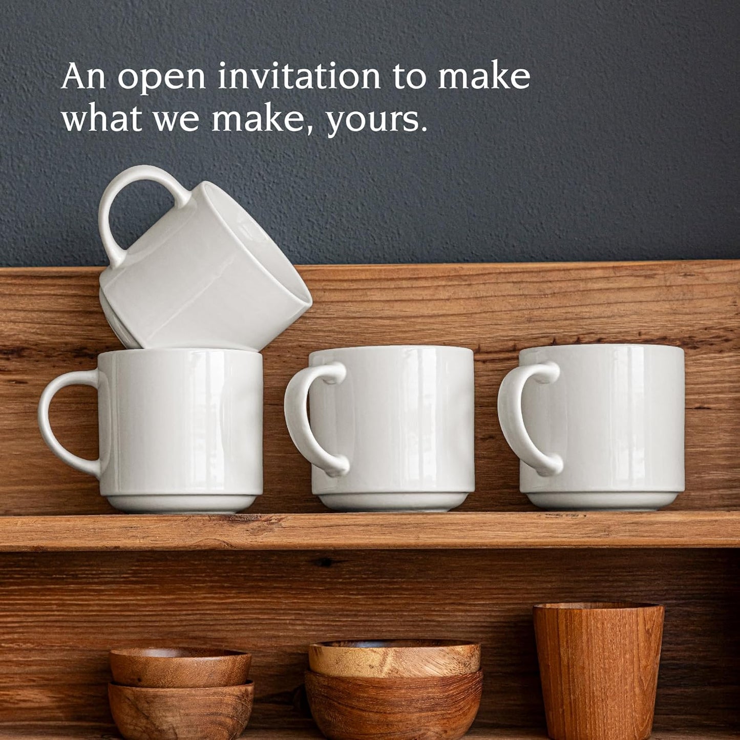 over&back Stackable Stoneware Coffee Mugs - 4-Piece Mug Set - Enjoy the Perfect Cup of Coffee, Tea, Latte, and More - Glossy White - 14oz