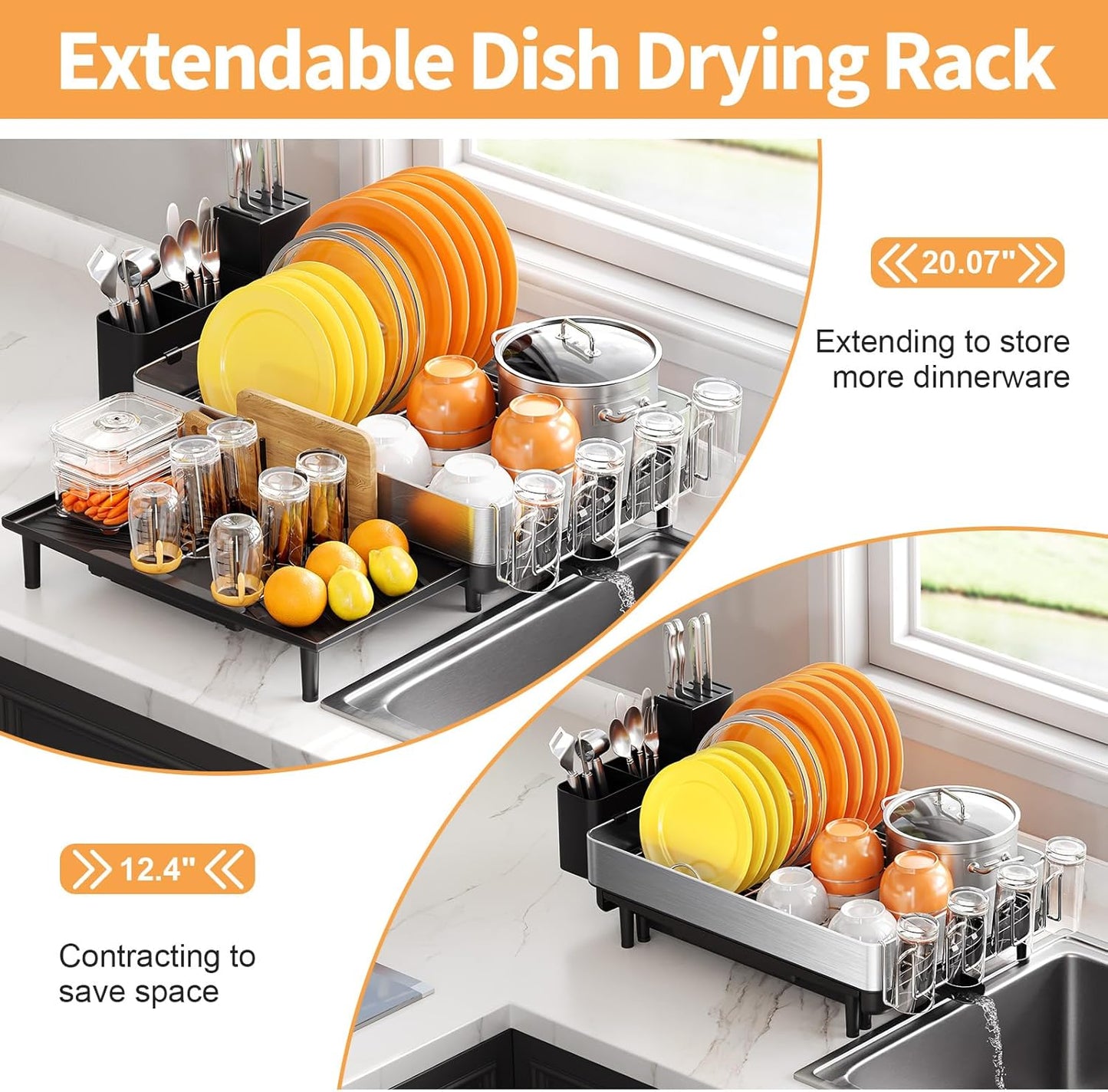 Dish Rack for Kitchen Counter, 304 Stainless Steel Dish Drying Rack, Expandable Dish Drainer, Foldable Dish Strainer with Cutlery Holder, Kitchen Plate Rack (Black, Large Size)