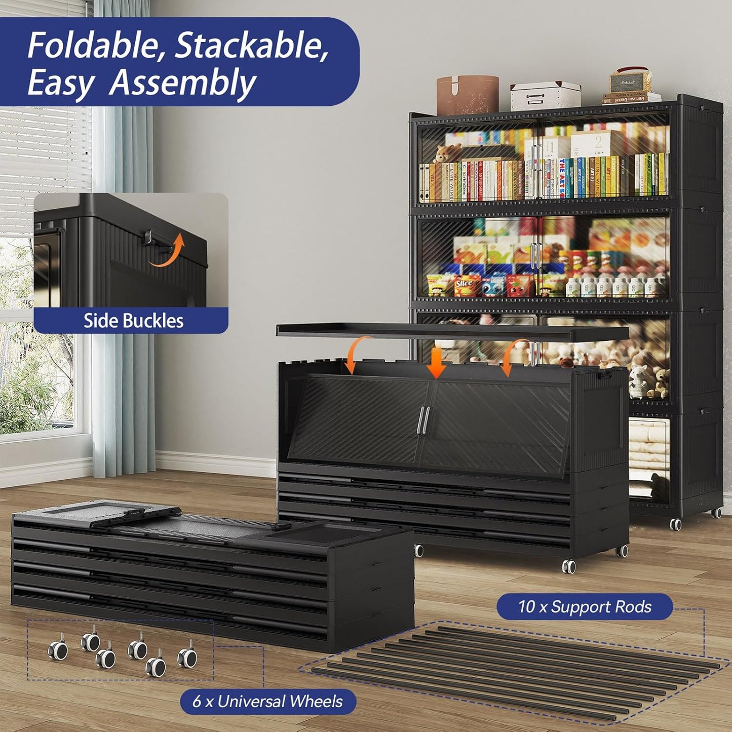 200GAL Extra Large Storage Bins with Lid, 800QT Plastic Stackable Storage Bins with 6x Wheels, Collapsible Closet Organizer and Storage Drawer Cabinet for Living Room Office Dorm, 4Pack Black