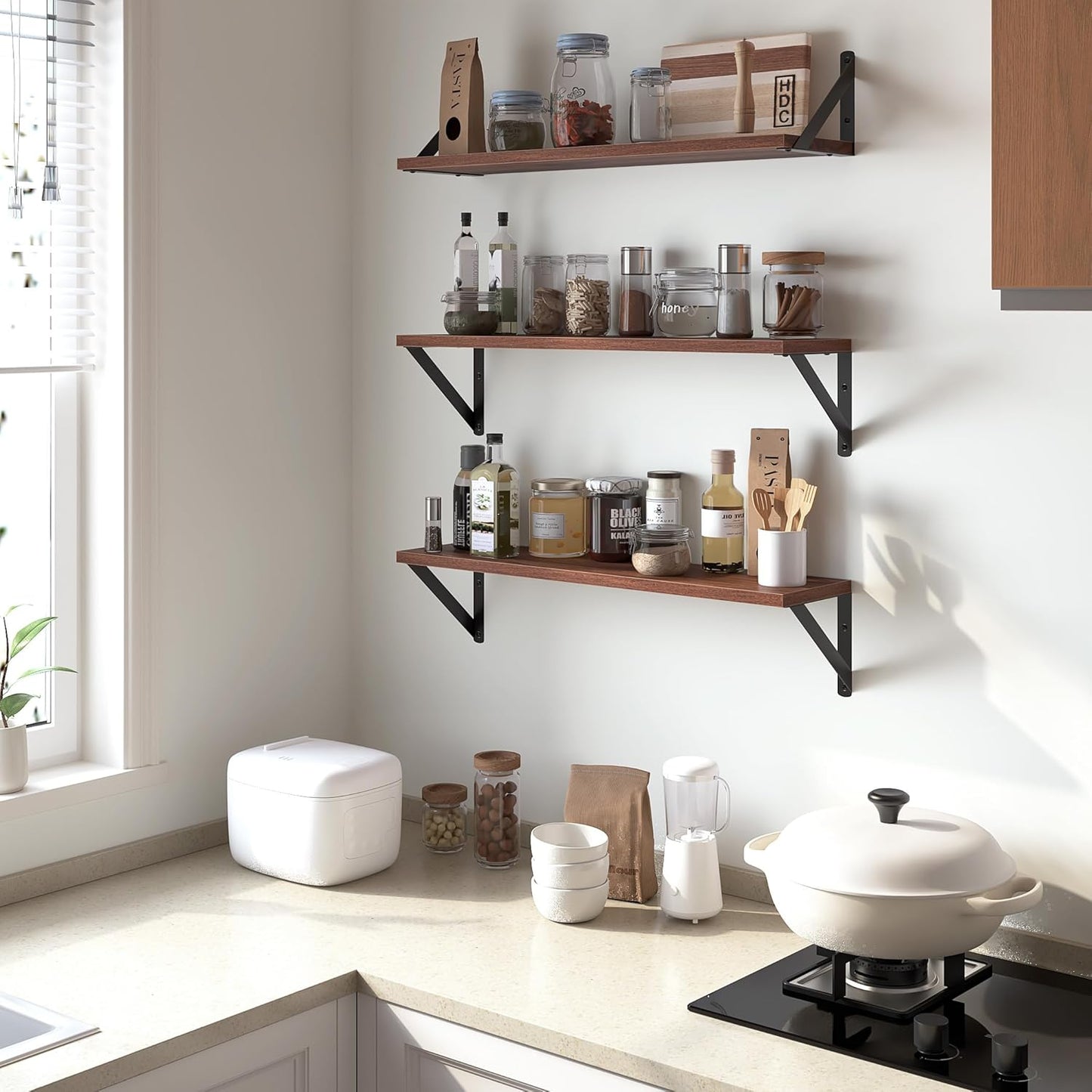 Heimlove Floating Shelves for Wall, 24 Inch Long Wood Floating Shelves Set of 3, Wall Mounted Hanging Shelf for Bathroom Bedroom Kitchen, Walnut