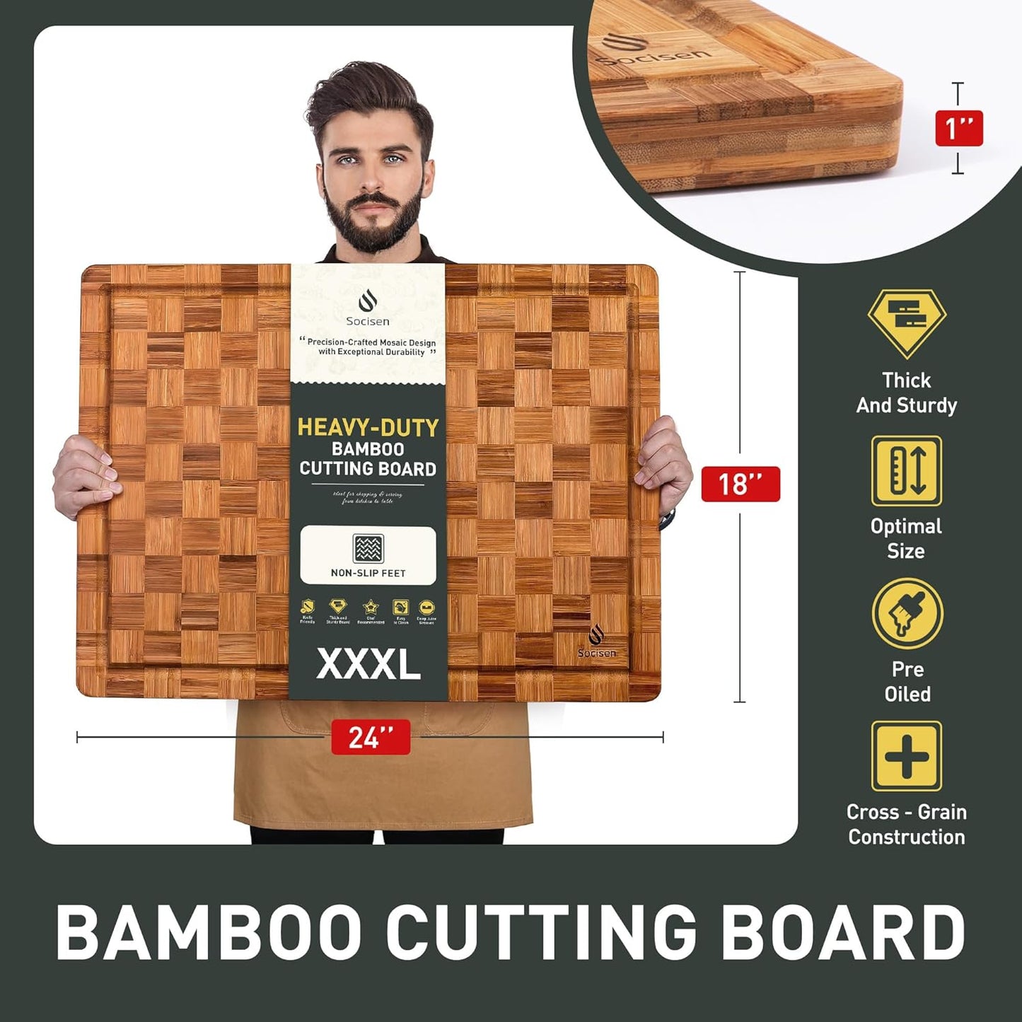 Extra Large Bamboo Cutting Board with Non Slip Feet and Over Sink Butcher Block Chopping Board Nice Solid Thick Wooden Juice Groove Big Xl XXl xlarge Best Hardwood Kitchen Counter Organic