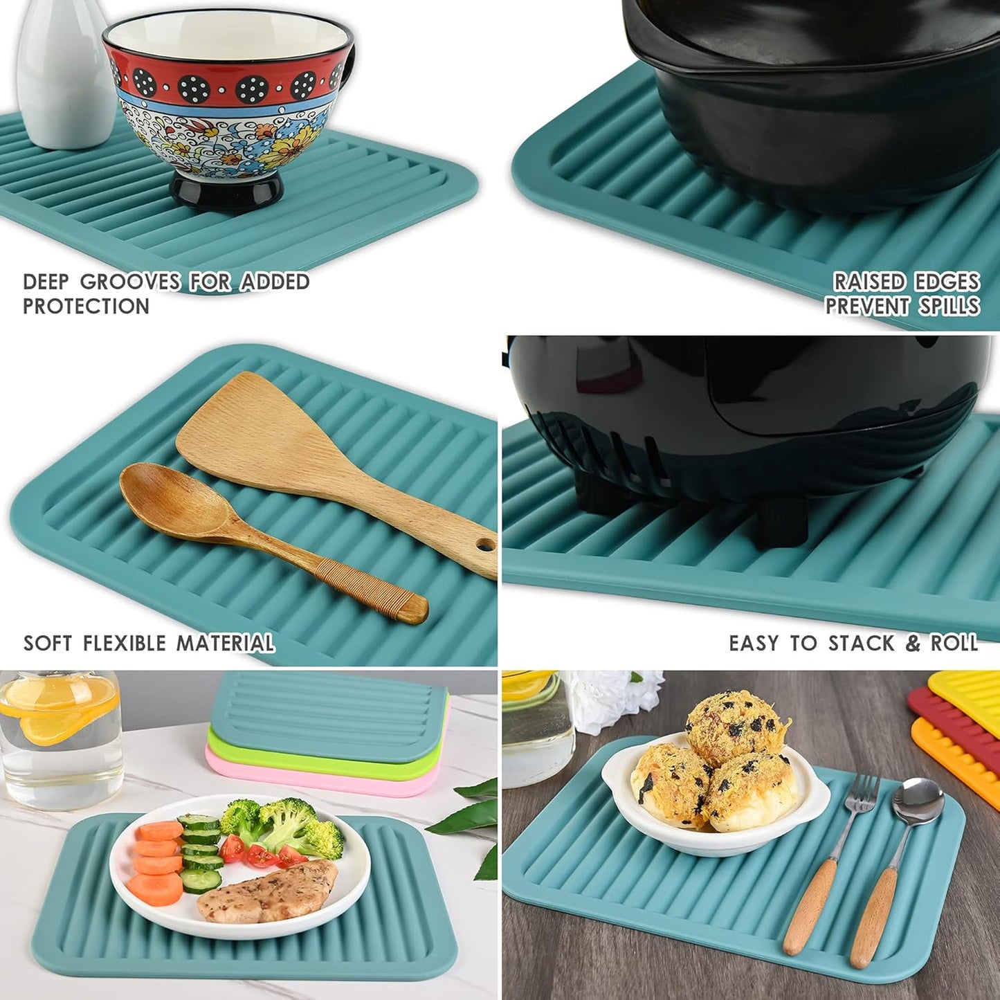 Smithcraft Silicone Trivets Mats for Dishes and Pots, Countertop, Table Hot Pads - Spoon Rest, Drying Mats Set of 2 (Mint Green)