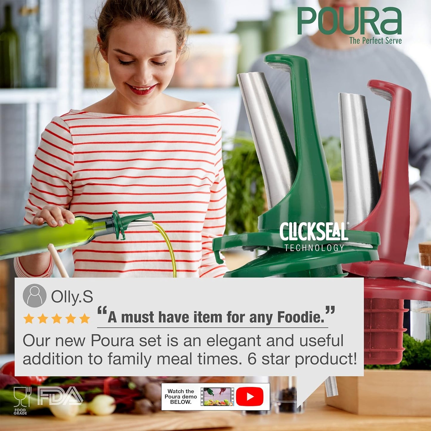 Poura Oil and Vinegar Dispenser Spouts | Airtight ClickSeal Bottle Pourers Keeps Oil Fresh with Built-in Caps | Use Your Own Bottles as Oil & Vinegar Dispensers | Dishwasher Safe