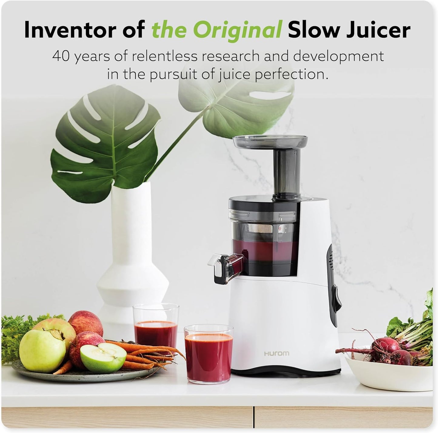 Hurom H-AA Slow Juicer, White | High Yield | Quiet 150 Watt Motor | BPA Free | 500ml (16.9oz) Chamber | Slow Squeeze | Quick & Easy Assembly | Cold Press Masticating Juicer