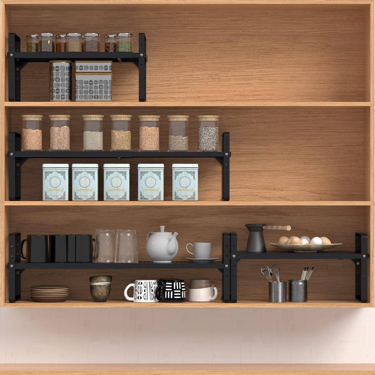 Expandable Cabinet Shelf Organizer Adjustable Metal Spice Rack Stackable Freestanding Counter Storage Shelves for Kitchen Cabinet Under Sink Office Desk (Black - 1Pack - L16.5-27'' * W8'' * H9.6'')