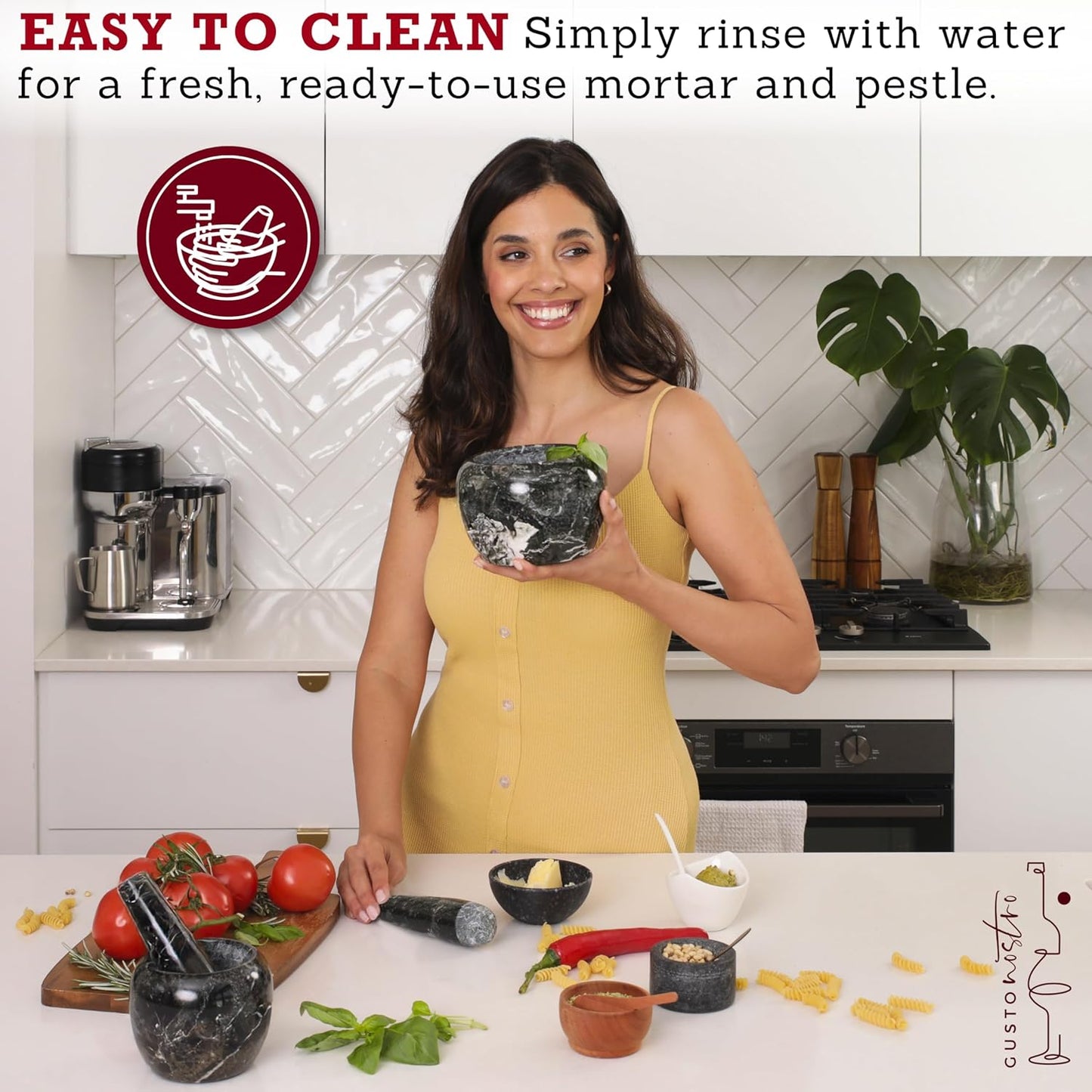 Gusto Nostro Natural Marble Mortar and Pestle Set | 5 Inch - 2.5 Cup Large Mortar Pestle Set for Grinding Herbs, Nuts, Grains | Pesto Grinding and Guacamole Stone Bowl | Marble Spice Crusher