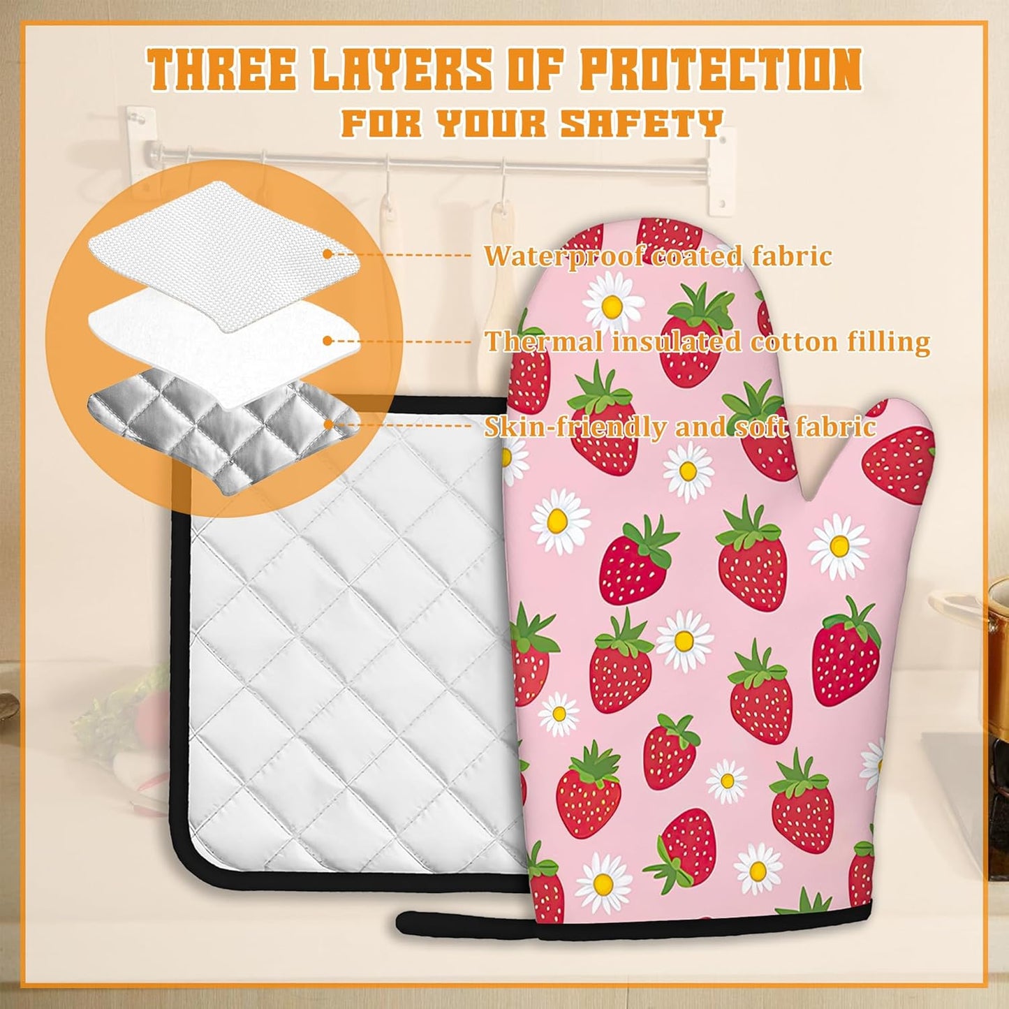 Cute Strawberry Oven Mitts and Pot Holders,Daisy Heat Resistant Oven Mitts Gloves and Pot Holder for Home Kitchen Decorations Cooking Baking BBQ Gifts,Set of 4