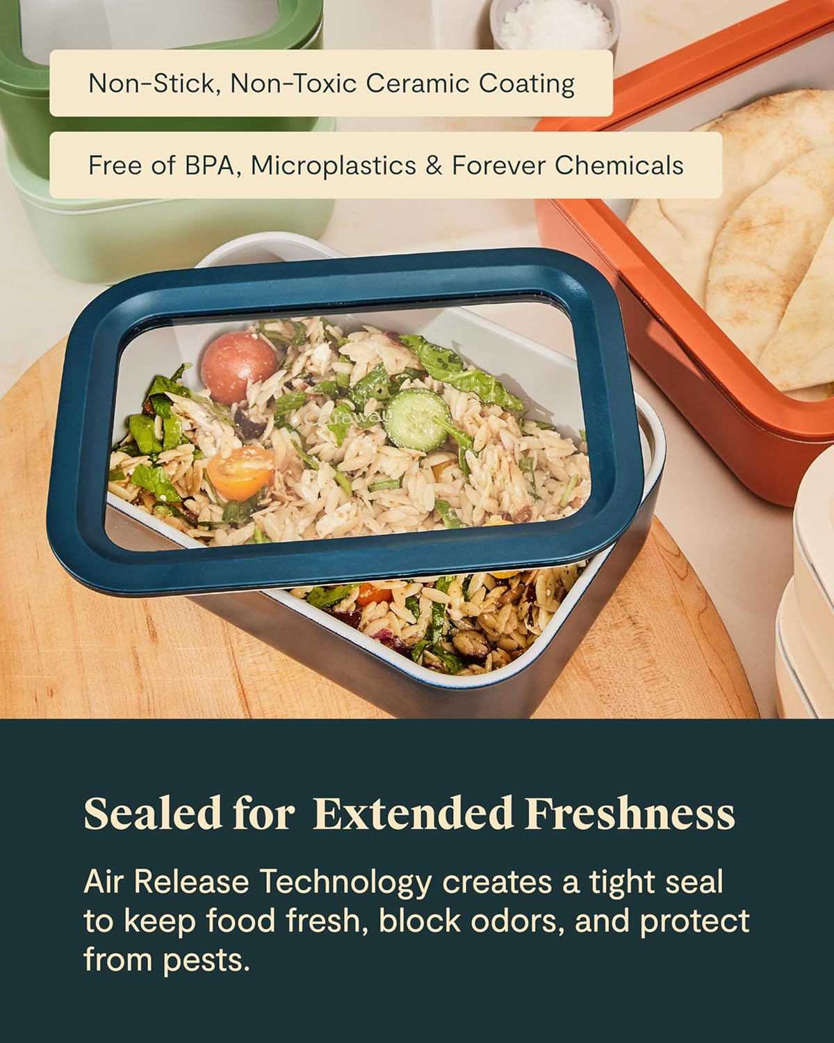 Caraway Glass Food Storage - 6.6 Cup Glass Container - Ceramic Coated Food Container - Non Toxic, Non Stick Lunch Box Container with Lids - Dishwasher, Oven, & Microwave Safe - Mist