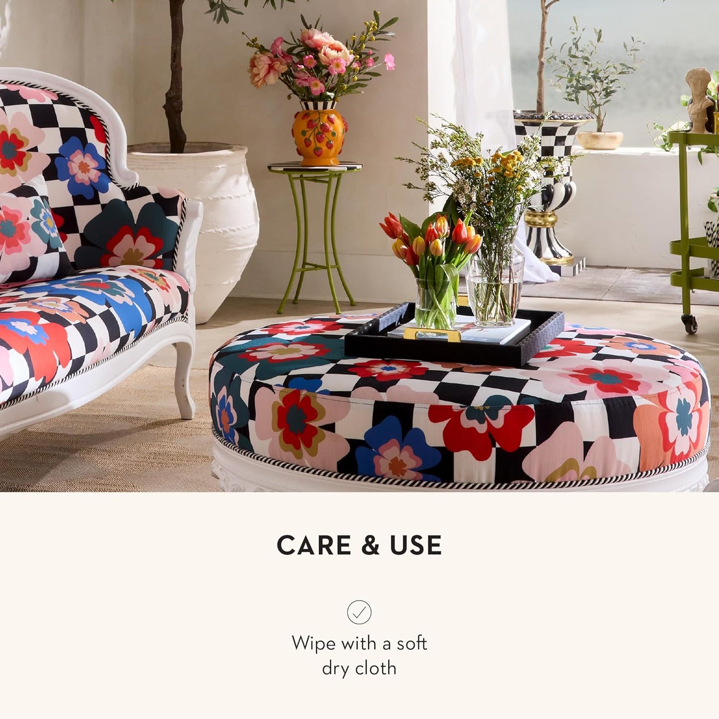 MACKENZIE-CHILDS Black Faux-Leather Tray with Handles, Rectangular Tray for Serving, Large