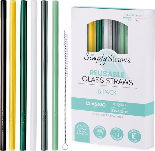 Simply Straws 10 Inch Glass Straws Straight (6-Pack) – Reusable Glass Straws for 24 Oz Mason Jars & Tumblers, with Cleaning Brush – Durable, Dishwasher Safe, Hot & Cold Use, BPA-Free (Fjord Mist)