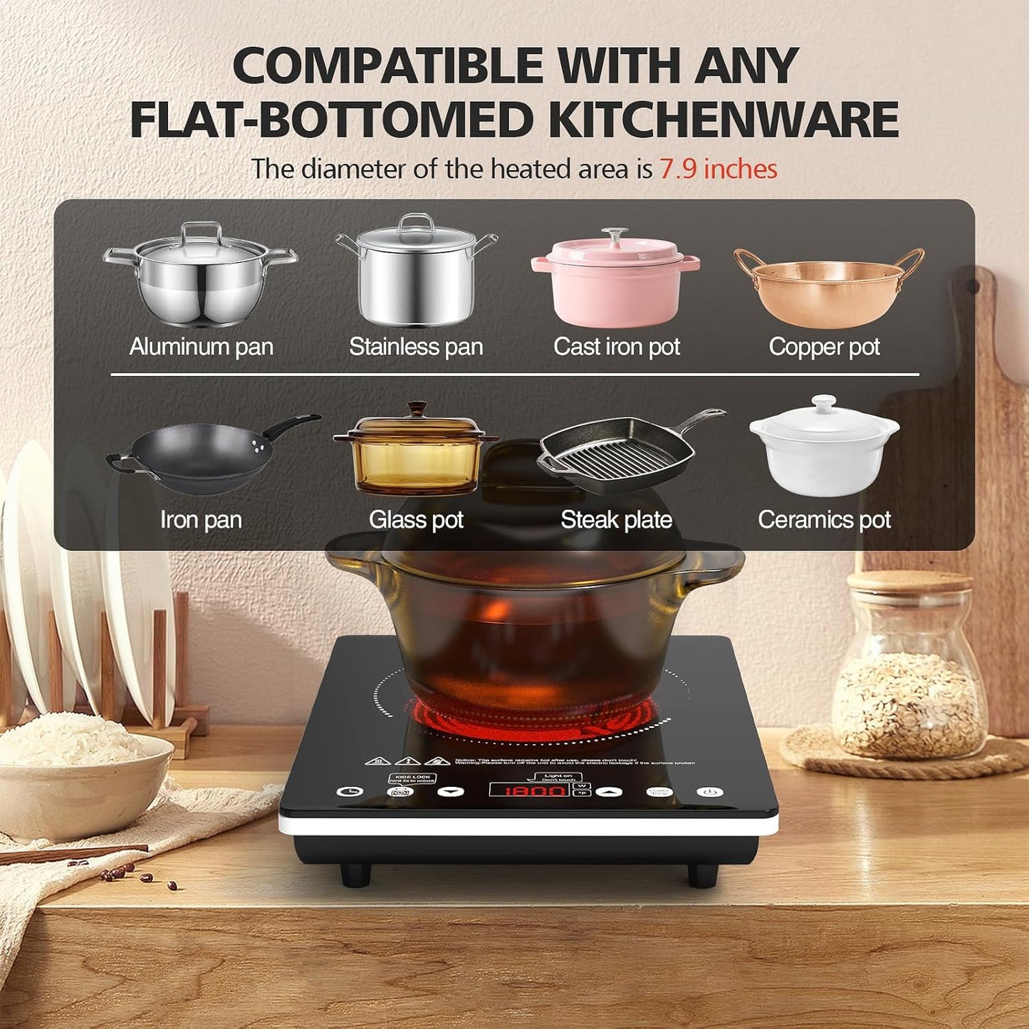 Single Burner Electric Cooktop, 1800W Electric Stove Top Portable, Infrared Hot Plate 110v Plug in Countertop, Child Safety Lock, Timer, 9 Power Level, Compatible for All Cookware, Induction Cookotp
