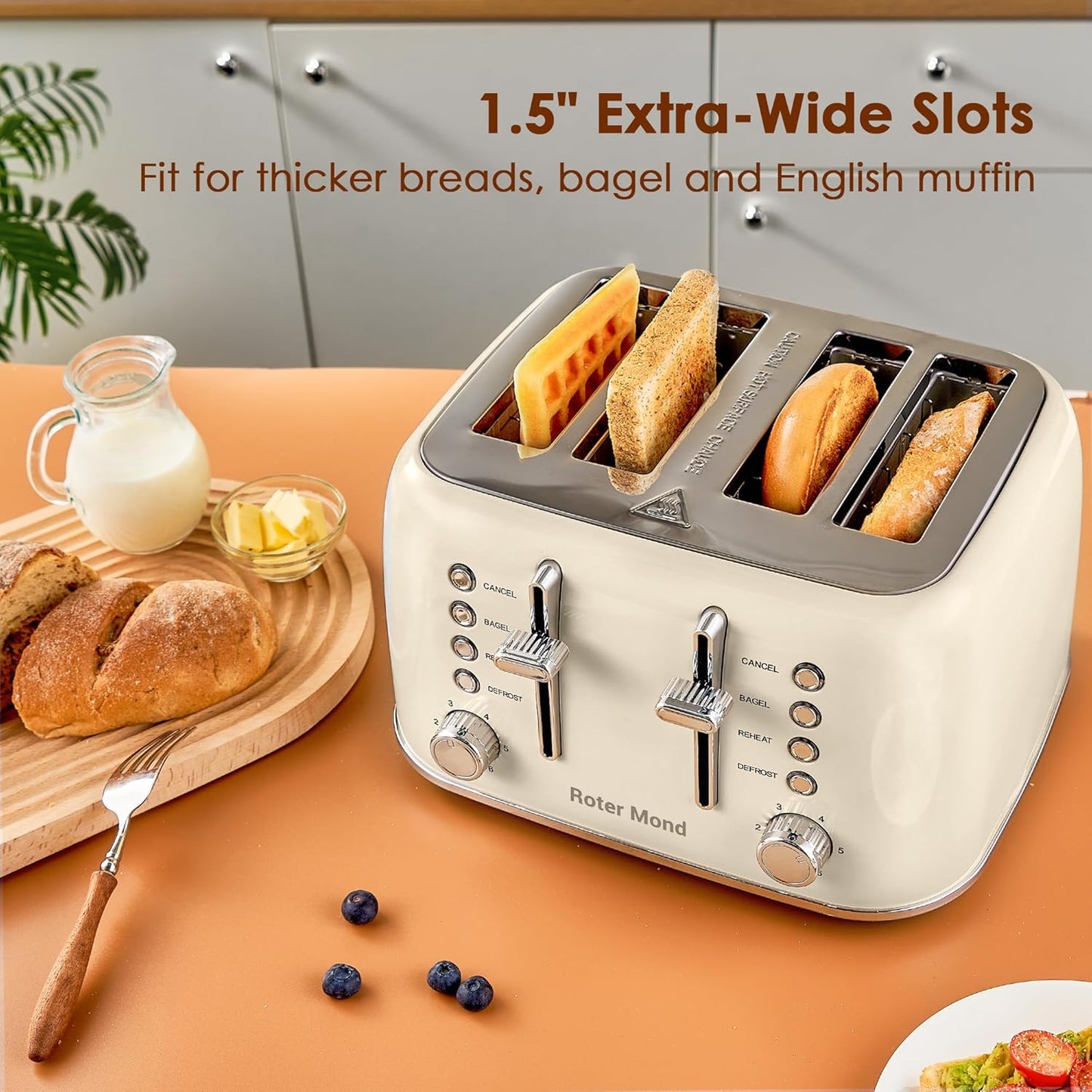 Toaster 4 Slice Retro Stainless Steel with Extra Wide Slots Bagel, Defrost, Reheat Function, Dual Independent Control Panel, Removable Crumb Tray, 6 Browning Levels, Cream White