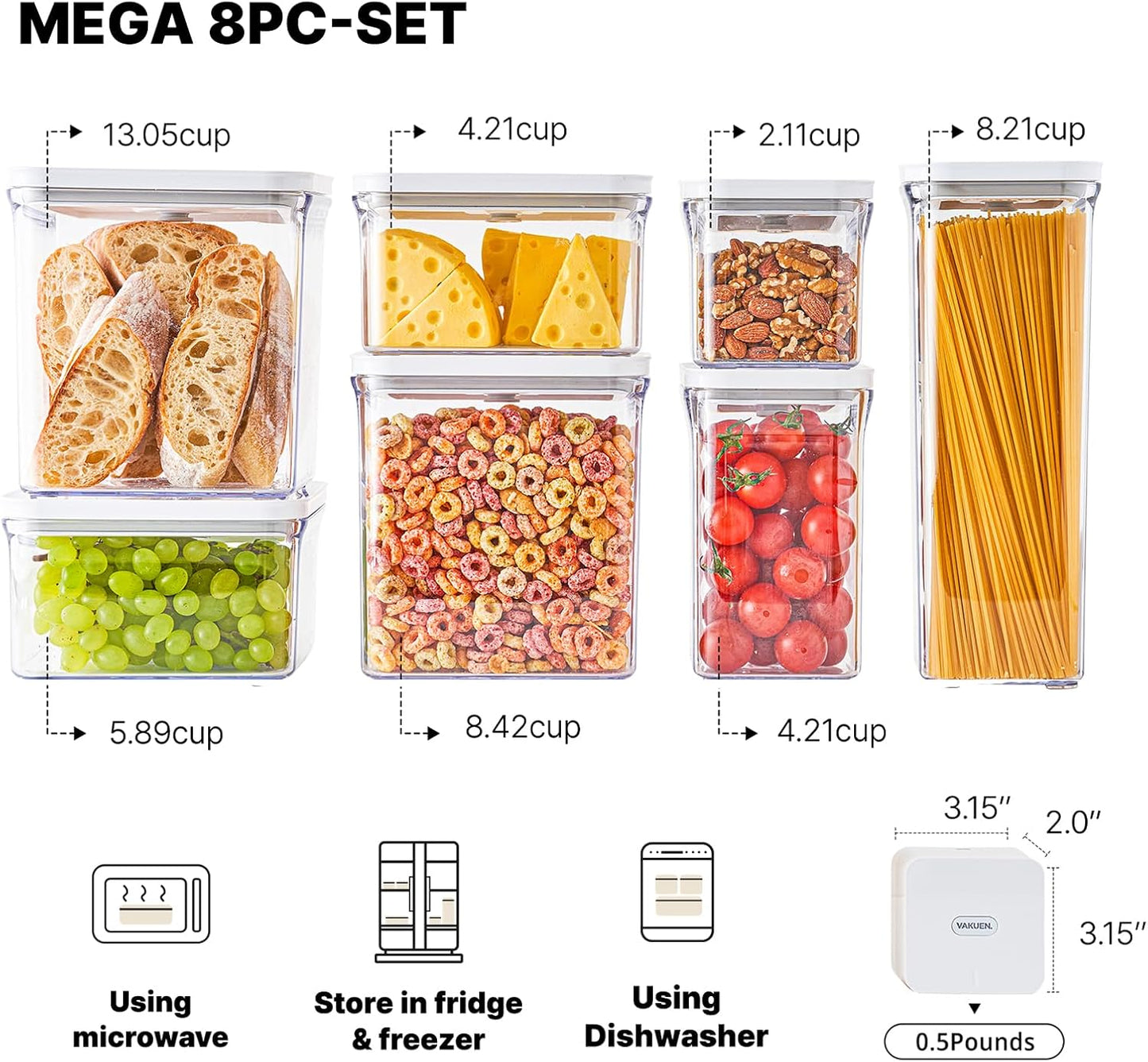 Premium Airtight Food Storage Containers Mega 8P/Set. Total 46.11cup, 7pcs Container and Vacuum Sealer. Smart One-Click Seal Lid, Patented Double Silicone Lining, 100% Leak Proof, BPA-FREE