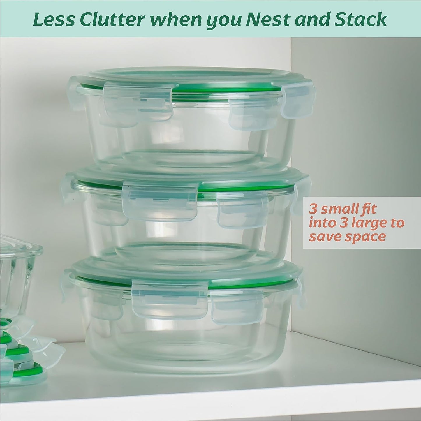 Fusion Gourmet Round Glass Storage Containers with Lids [6 pack] Microwave Safe, Leak-proof, Dishwasher Safe, Oven Safe for Meal Prep Tupperware Set (3 Large + 3 Small, Green)