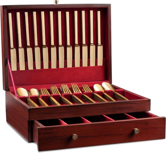 Royalty Art Red Tarnish-Free Silverware Storage Box with Pull-Out Drawer, 15" x 11" Large Flatware and Utensil Organizer for Kitchen Counter, Elegant Home Décor for Dining Room (Flatware Not Included)