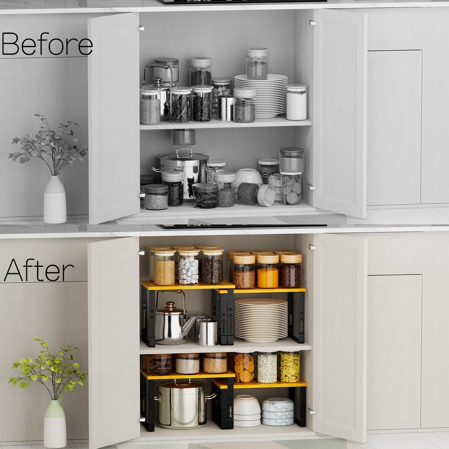 Expandable Kitchen Cabinet Organizer Shelves – Stackable Adjustable Metal and Wood Storage Racks for Countertop, Pantry, Garage Set of 2 Spice Rack – Easy Assembly, Space-Saving(1 Pack/Medium/Black)