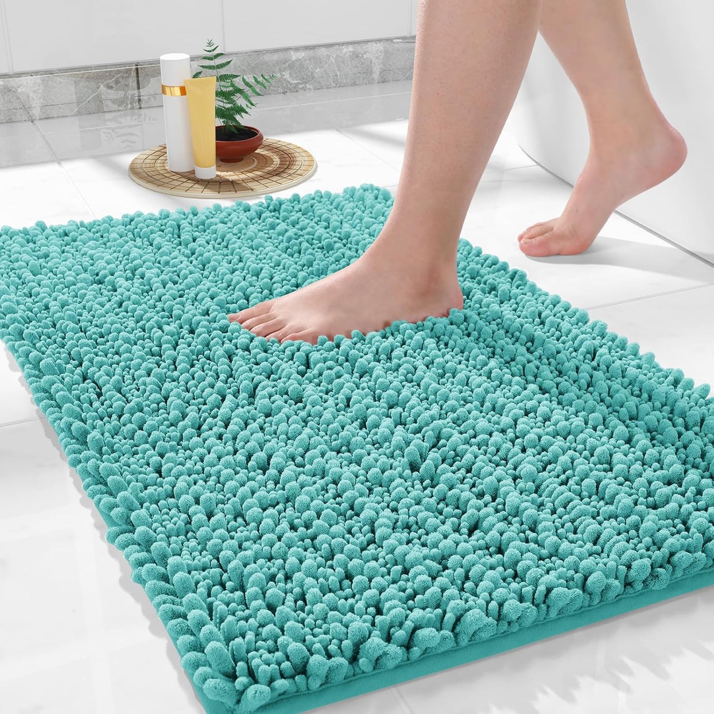 Yimobra Bathroom Rugs Non Slip Washable 24x17 Inch - Ultra Soft Absorbent Chenille Bath Mat, Quick Dry Shaggy Floor Carpet for Tub Shower, Lake Blue Home Decor Accessories