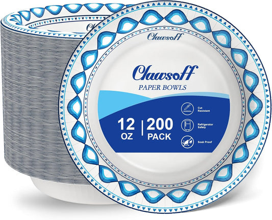 12 oz 200 Pack Paper Bowls Bulk, Soak Proof Heavy Duty Paper Bowls, Cut Proof Small Soup Bowl, Disposable Bowl for Party, Birthday and Picnic