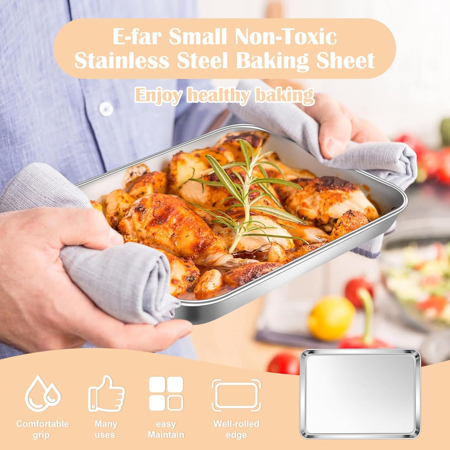 E-far 2 Packs Toaster Oven Trays, 9.4”x7.3” Stainless Steel Small Baking Cookie Sheets, Mini Non-toxic Metal Baking Pans for Cake, Healthy & Rust Free, Mirror Finish & Dishwasher Safe