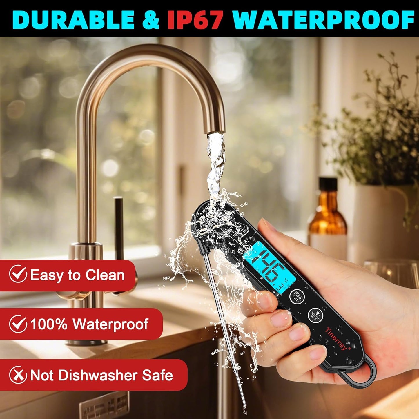 Digital Meat Thermometer for Cooking, Grilling & BBQ - Ultra-Fast Instant Read Thermometer with Waterproof Design,Backlight & Calibration - Perfect for Candy Making, Deep Frying, Turkey, Beef (Black)