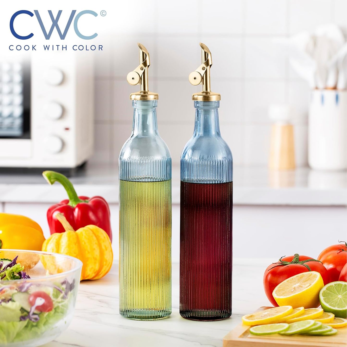 COOK WITH COLOR Glass Olive Oil Bottle Dispenser - 2 Pack- 17oz Oil and Vinegar Cruet - Olive Oil Carafe Decanter for Kitchen