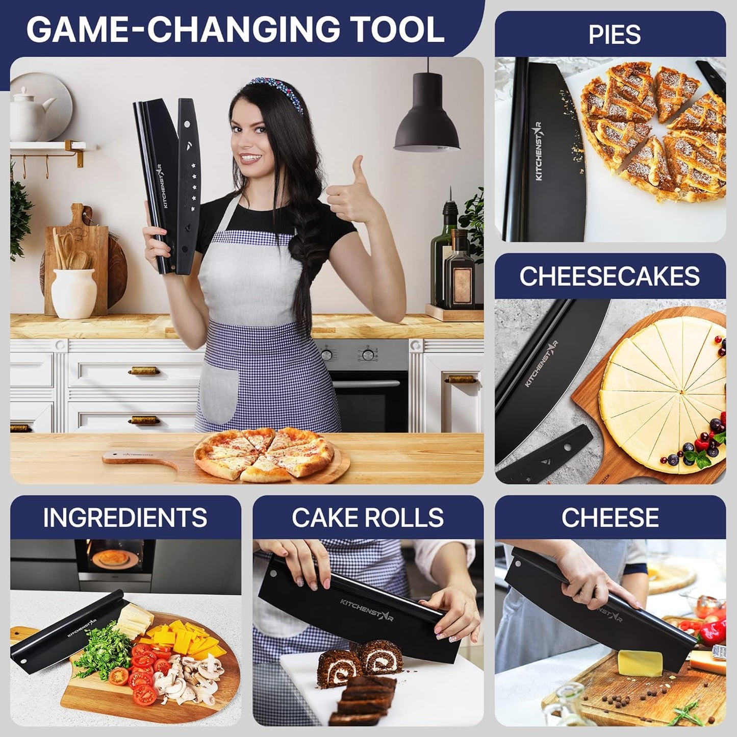 KitchenStar 16-Inch Pizza Cutter Rocker Blade - Sharp Stainless Steel Slicer Knife, Protective Cover, Black Nonstick, Large - Professional Pizza Oven Accessories