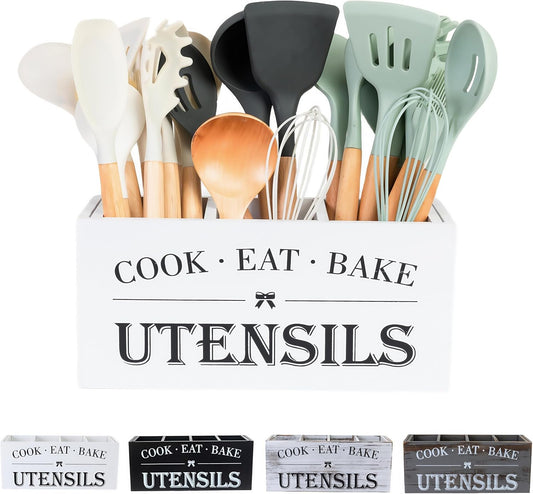 Utensil Holder,Large Wooden Utensil Holder For Kitchen Counter,Cooking Spatula Organizer,Big Storage Caddy With 3 Compartments Flatware Spoon Tool Cutlery（White）