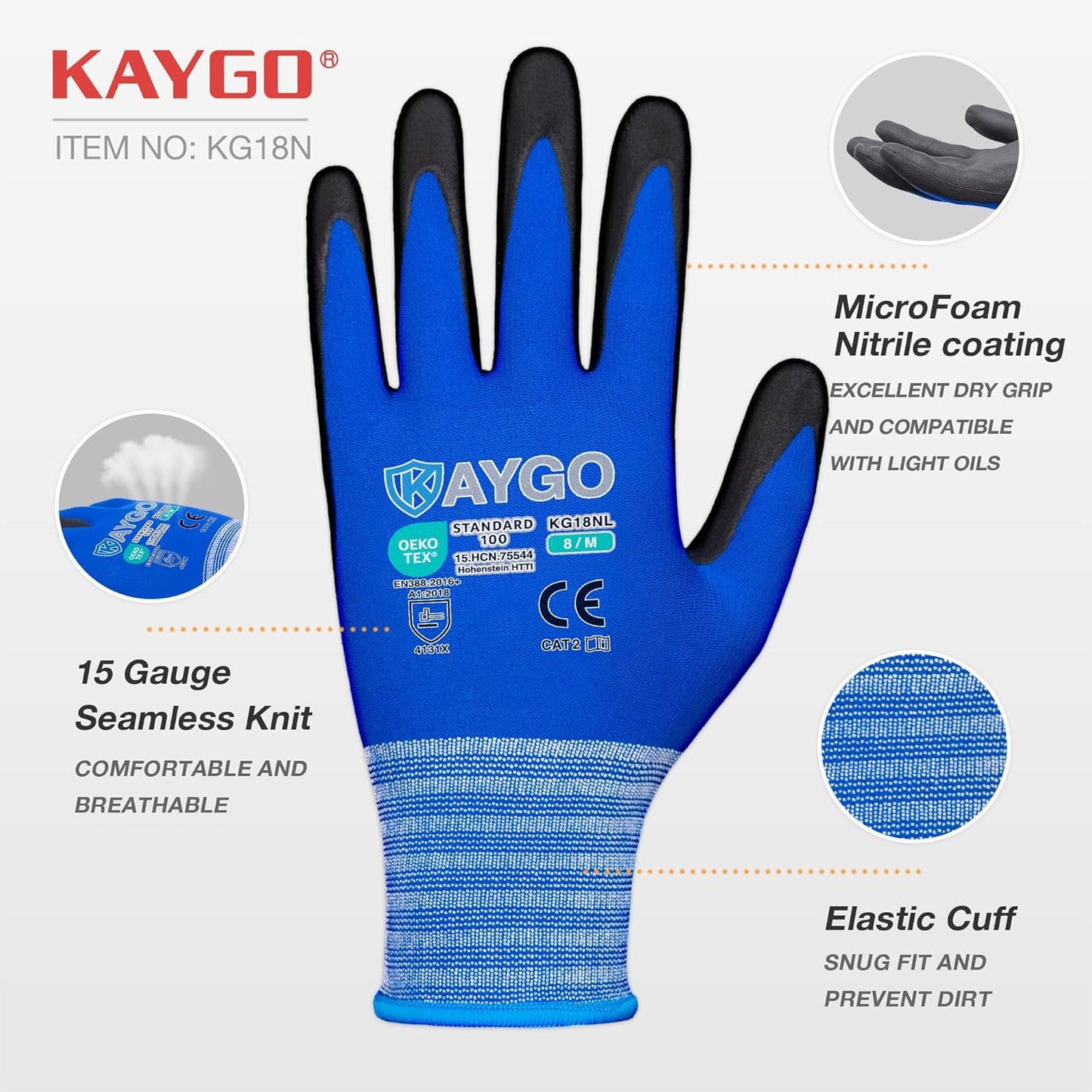 KAYGO Safety Work Gloves MicroFoam Nitrile Coated, 3 Pairs, KG18NB,Seamless Knit Nylon Glove with Black Micro-Foam Nitrile Grip,Ideal for General Purpose,Automotive,Home Improvement,Blue,M
