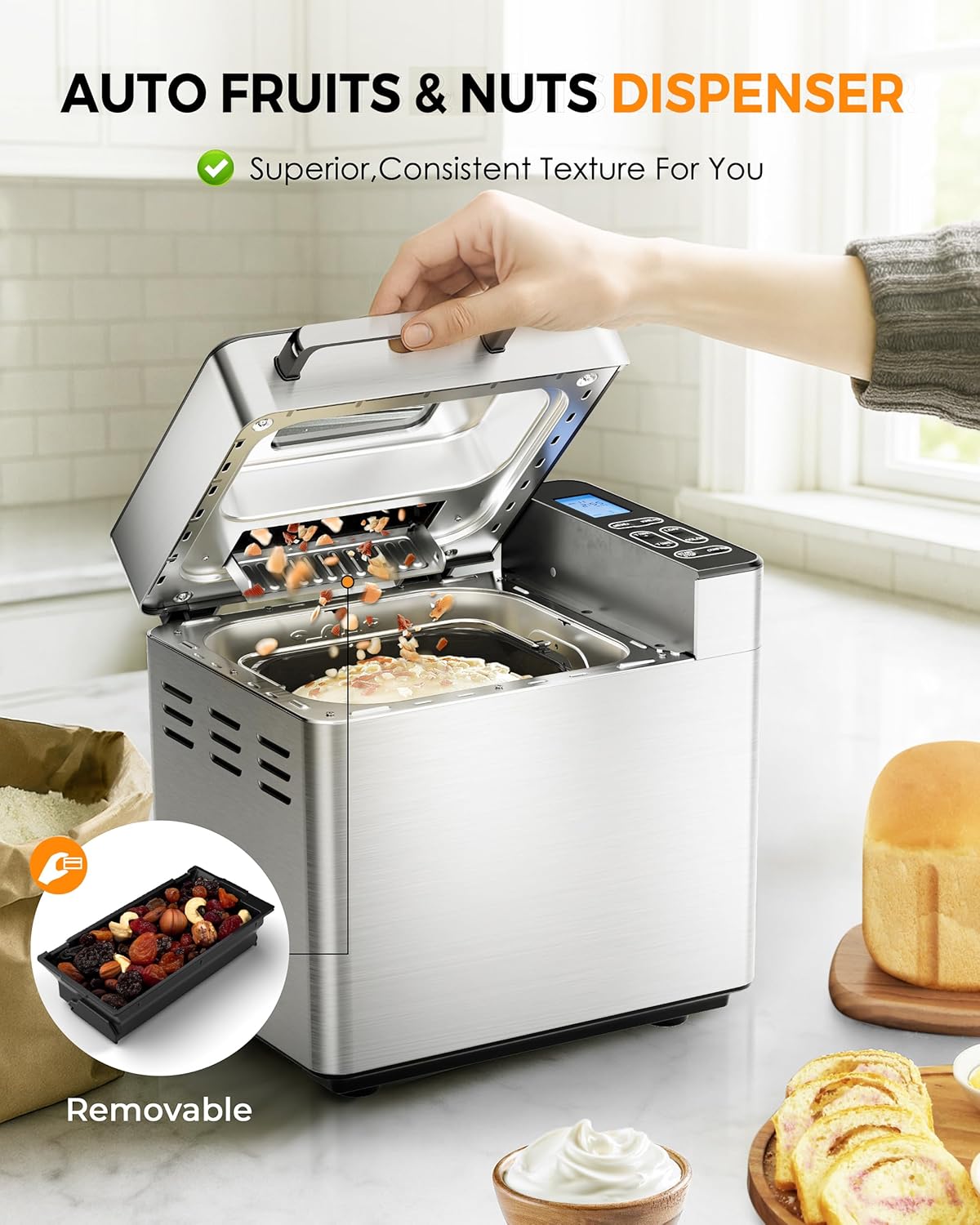 EUHOMY Bread Maker Machine 13-in-1 Bread Machine, Dough Maker, Auto Nut Dispenser & Ceramic Pan, 2LB and 3 Loaf Sizes & 3 Crust Colors, 650W Bread Machine with Keep Warm Set, Whole Wheat