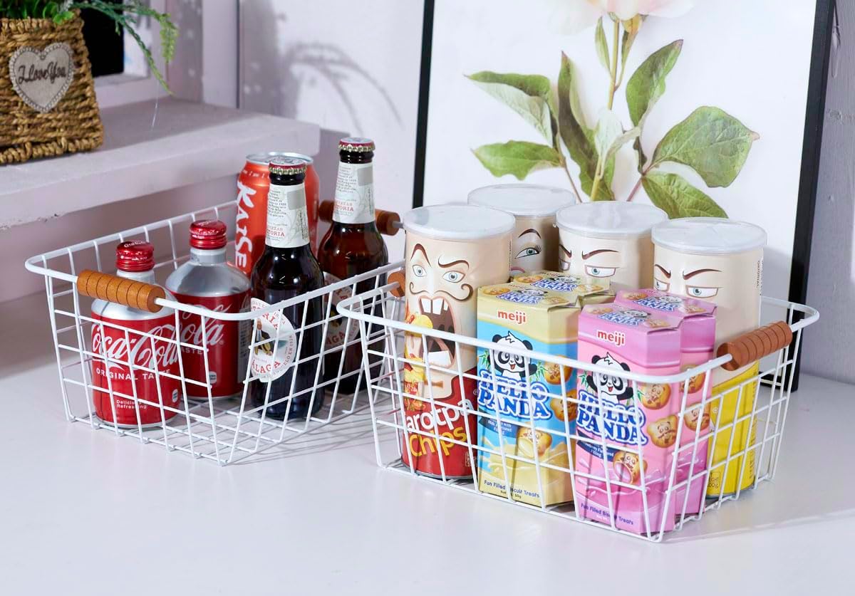 Wire Kitchen Storage Basket 2 Packs,Perfect Pantry Organization Accessories Baskets,Laundry Basket,With a Wooden Handle,Suitable for Kitchen,Bathroom,Bedroom,Tabletop,Stackable,White