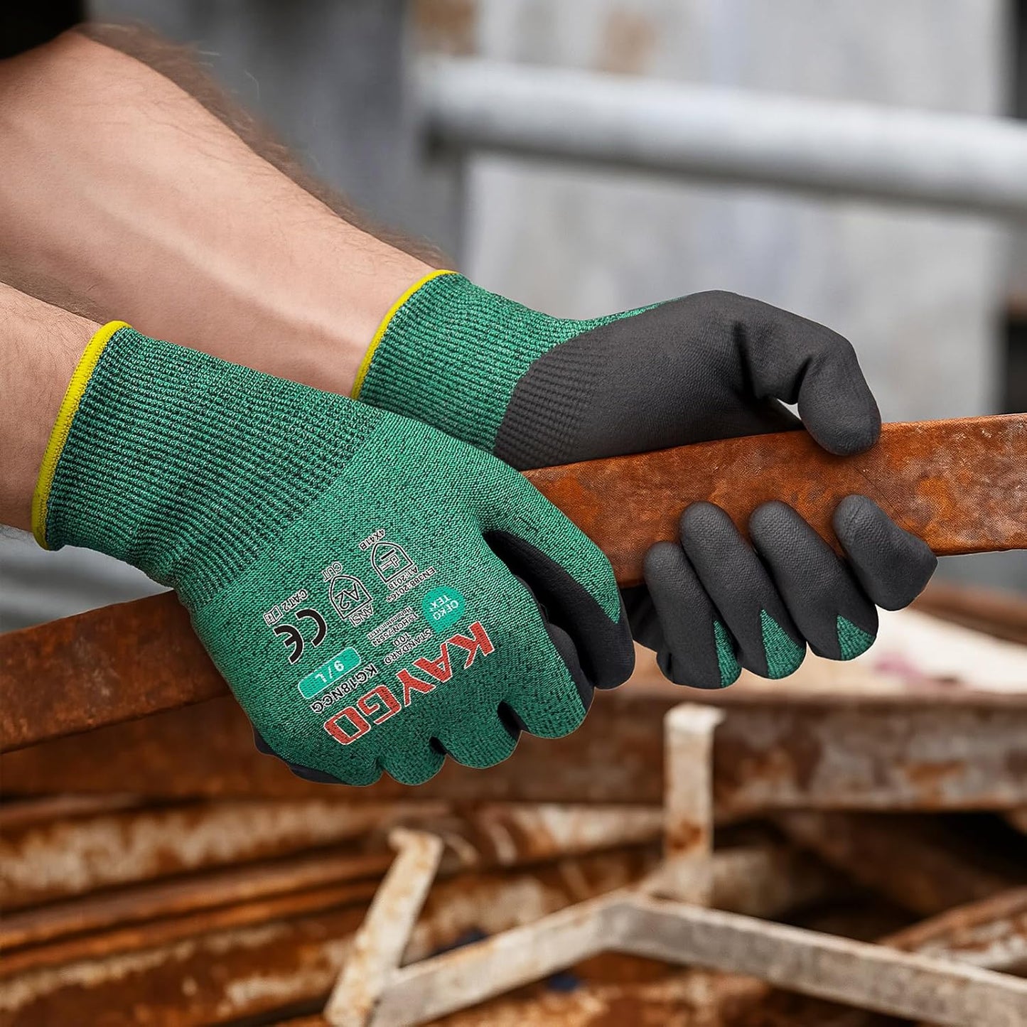 KAYGO Safety Work Gloves MicroFoam Nitrile Coated, 3 Pairs KG18N, Cut Resistant Glove with Abrasion and Oil Resistant Grip, ANSI Cut Level A2, L, Green