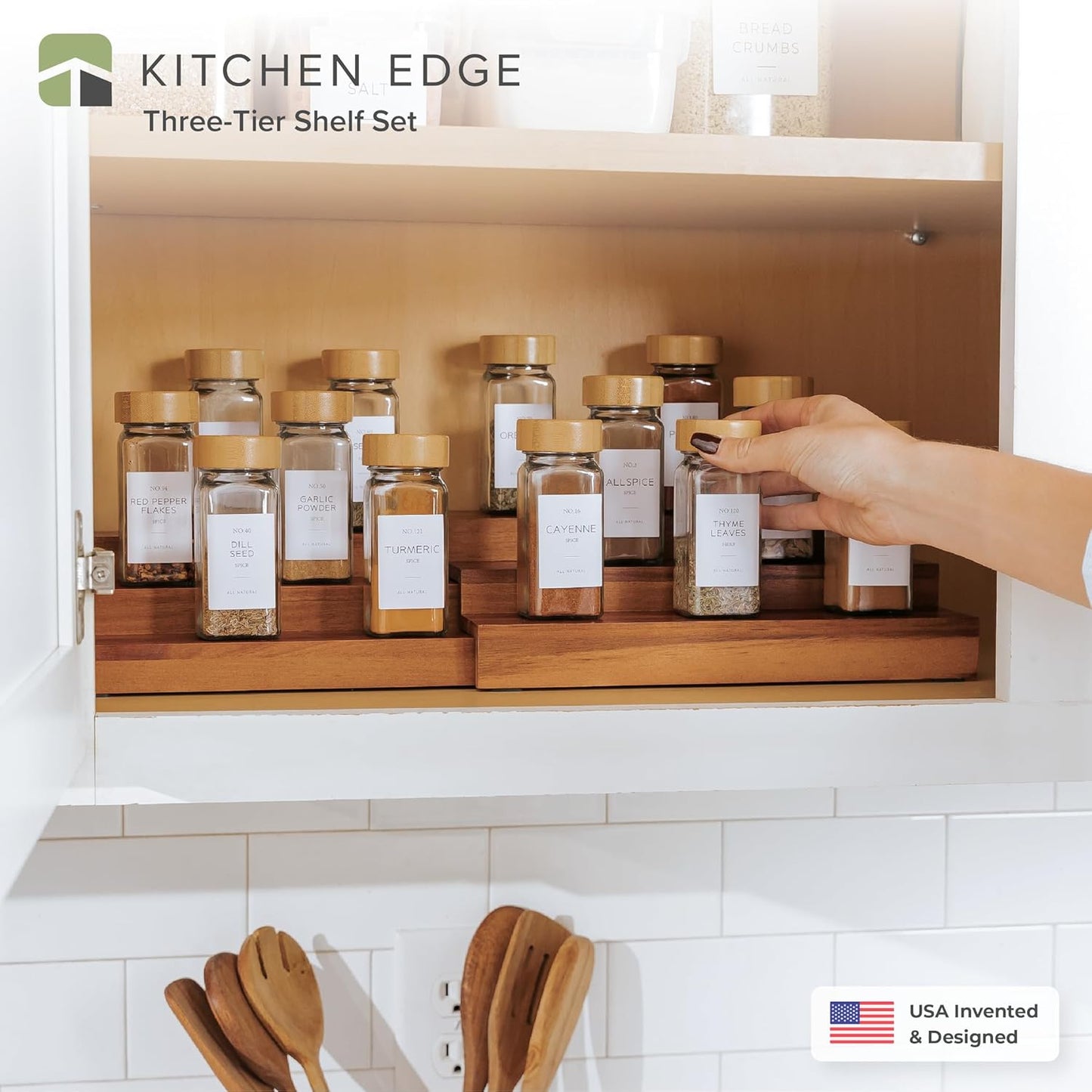 KitchenEdge Expandable Spice Rack Organizer for Cabinet, 3-Tier Shelf for Spice Organization (11” to 22”), Fits 36 Spice Jars, Seasoning and Pantry Storage, Non-Slip Feet, 100% Acacia Wood
