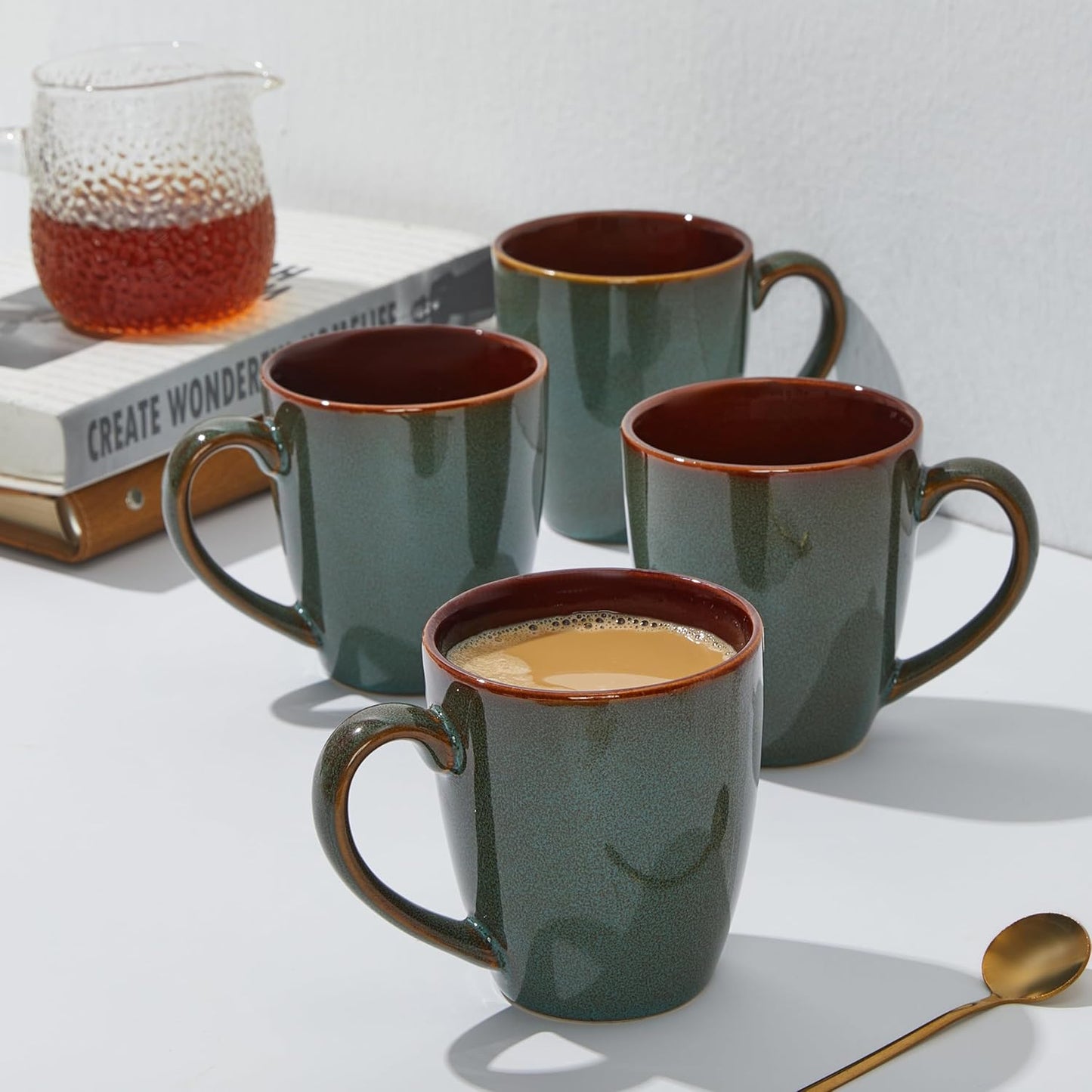 Coffee Mug 16 oz, Ceramic Coffee Mugs Set of 4, Reactive Glaze Mug for Latte/Tea/Cappuccino, Large Stackable Mug Set for Men, Women, Dad, Mom, Dishwasher & Microwave Safe, Brown Green
