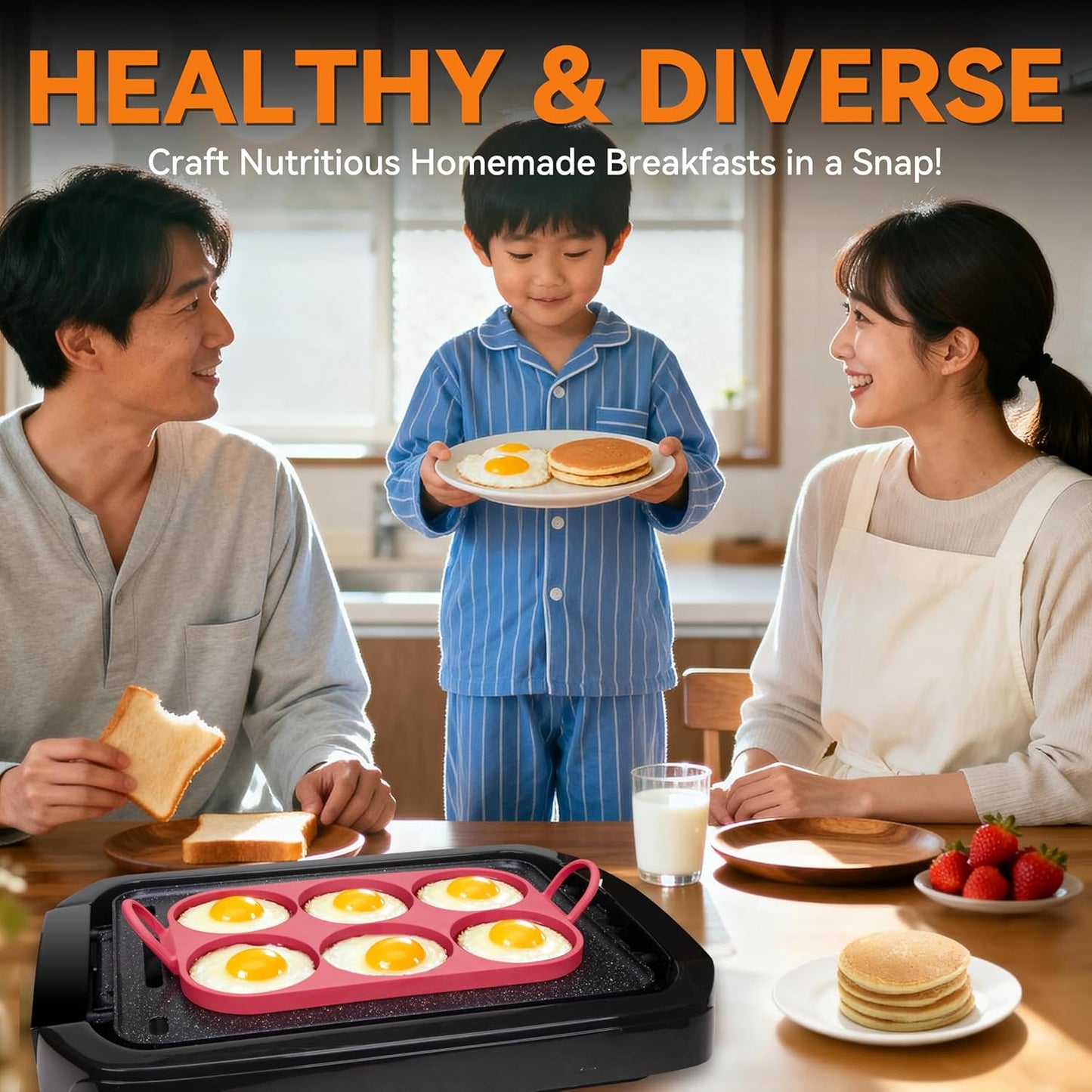 Baker's Friend 6 Round Silicone Egg Rings for Frying Eggs & Pancake, Non-Stick & Heat-Resistant, Ergonomic Handles, Omelette Ring for Griddle, 4 Inch, Red