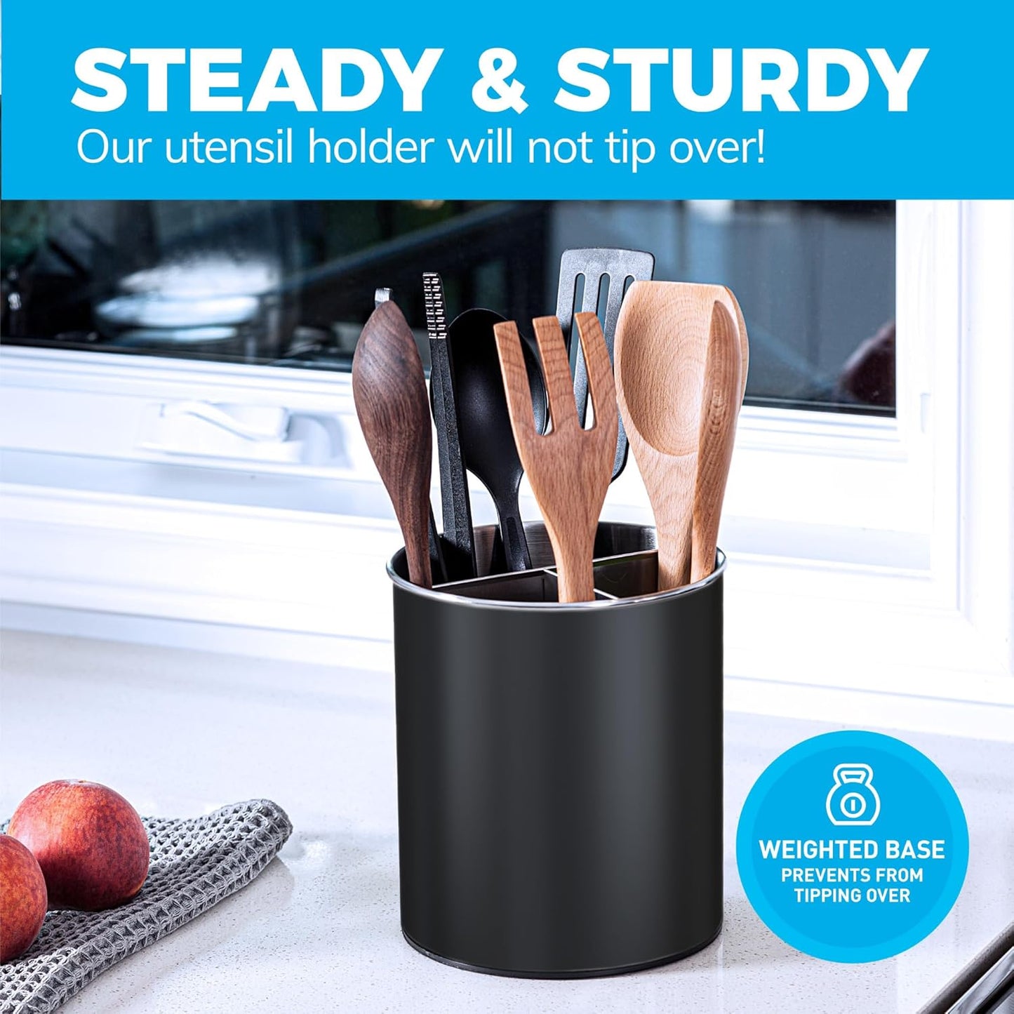 Rotating Extra Large Stainless Steel Utensil Holder Caddy with Sturdy No-Tip Weighted Base, Removable Divider, and Gripped Insert Bottom -Dishwasher Safe Metal Cooking Utensil Holder (Black)