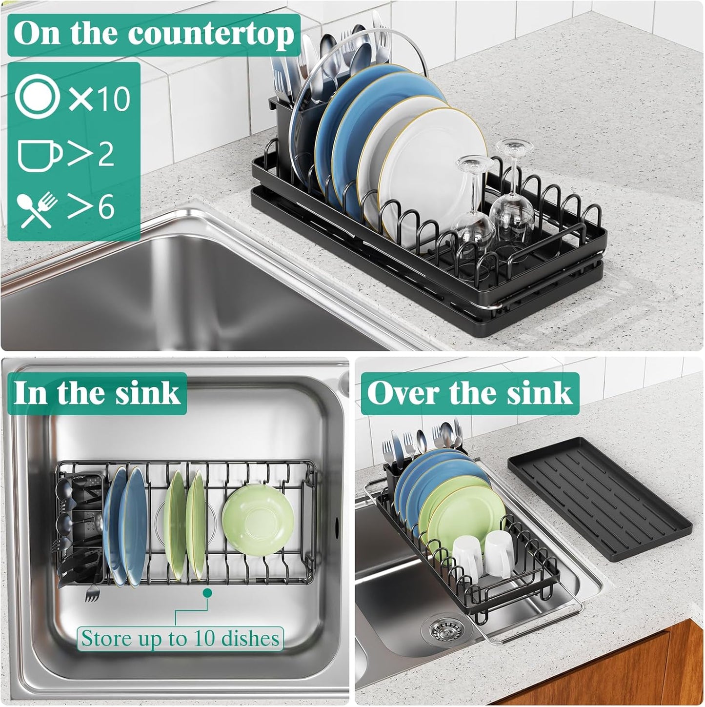 Giwil Small Sink Drying Rack, Compact Dish Rack with Silicone Mat for Kitchen Counter, Expandable Rustproof Dish Drying Rack Used Over Sink, in Sink & on Countertop, Black