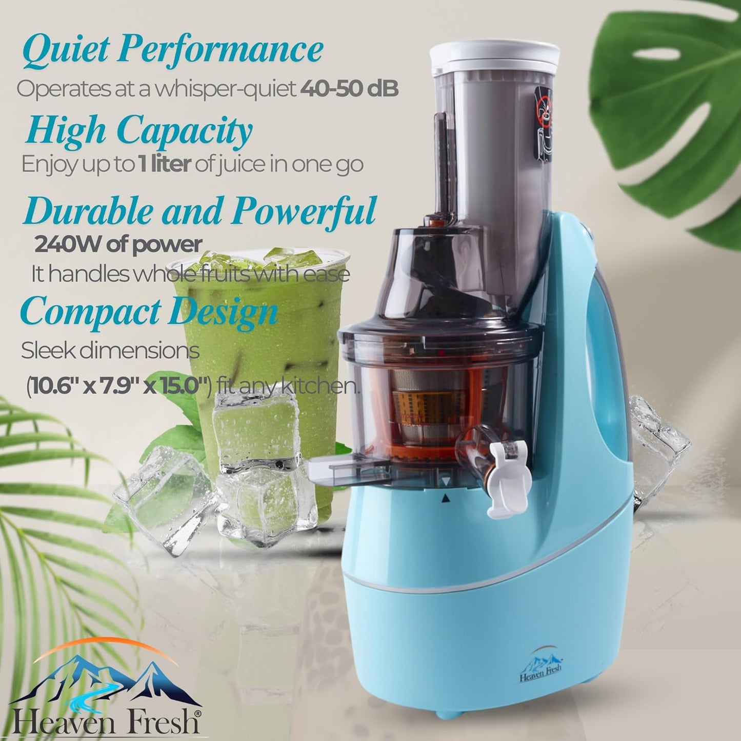 Cold Press Slow Masticating Juicer, Ultra-Quiet 240W Motor, Maximized Juice Yield, Included Frozen Dessert Strainer, Drip-Free Cap - White