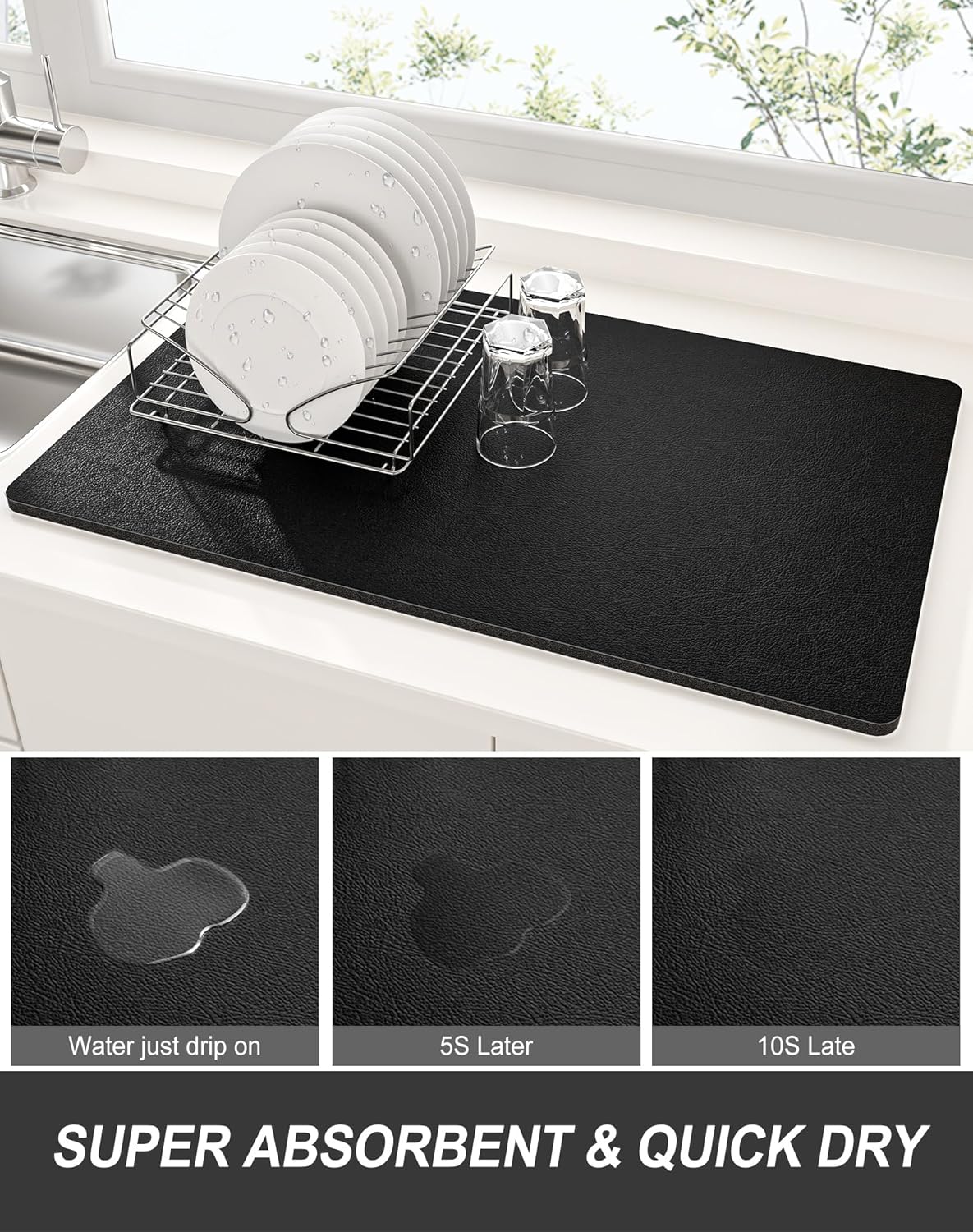 Rnivvi Dish Drying Mat for Kitchen Counter, XL 15 x 24" Super Absorbent Drainer Pad Easy Clean Dish Rack Pad, Non-Slip Heat Resistant Coffee Bar Mat for Coffee Machine Station Accessories Decor, Black