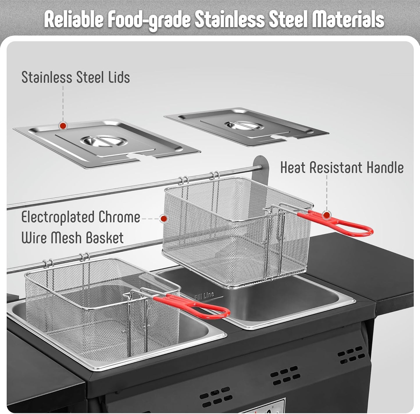 Outdoor Propane Deep Fryer,Dual Tank with Dual Independent Cast Iron Burners and Thermometers,Removable Fryer Pot,Baskets & Lids, Movable Propane Fryer Cart with Regulathor,50000 BTU