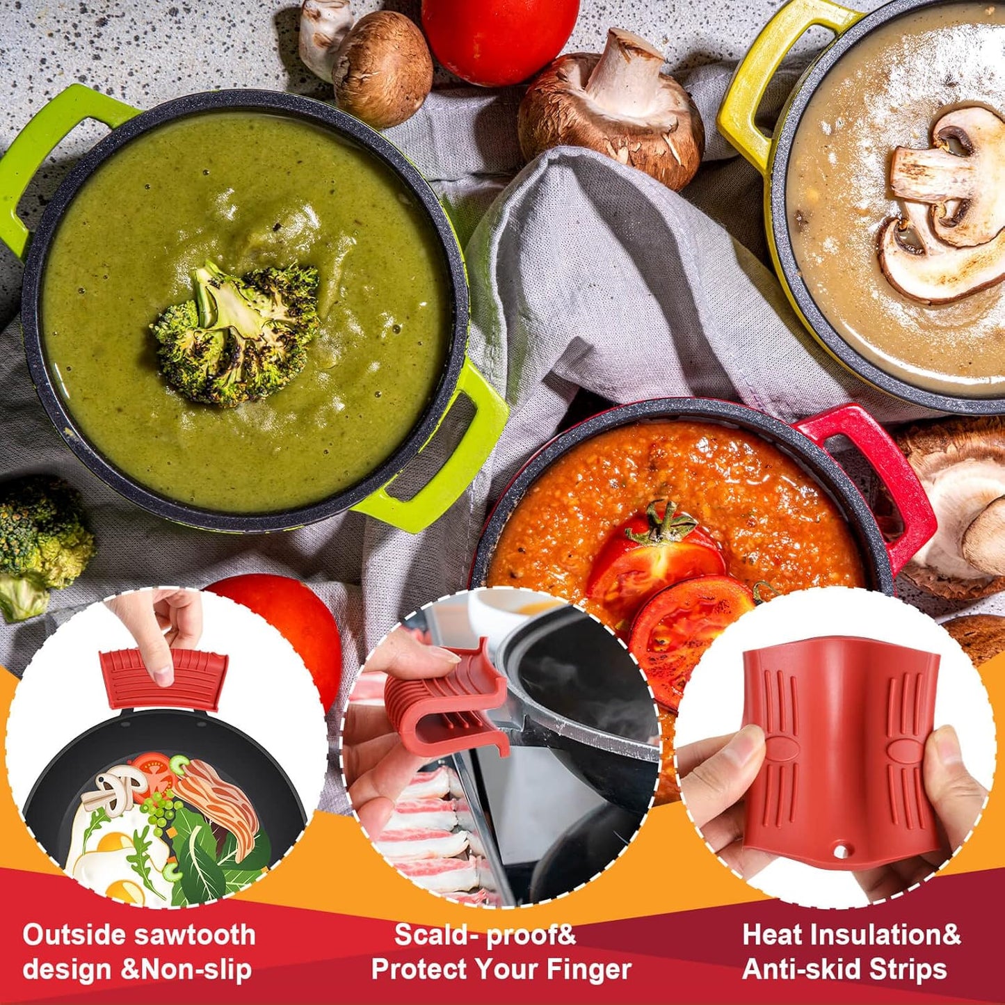 10Pcs Cast Iron Handle Cover, Silicone Hot Handle Holder, Heat Resistant Cast Iron Skillet Covers Potholder for Frying Pans and Griddles Kitchen Supplies