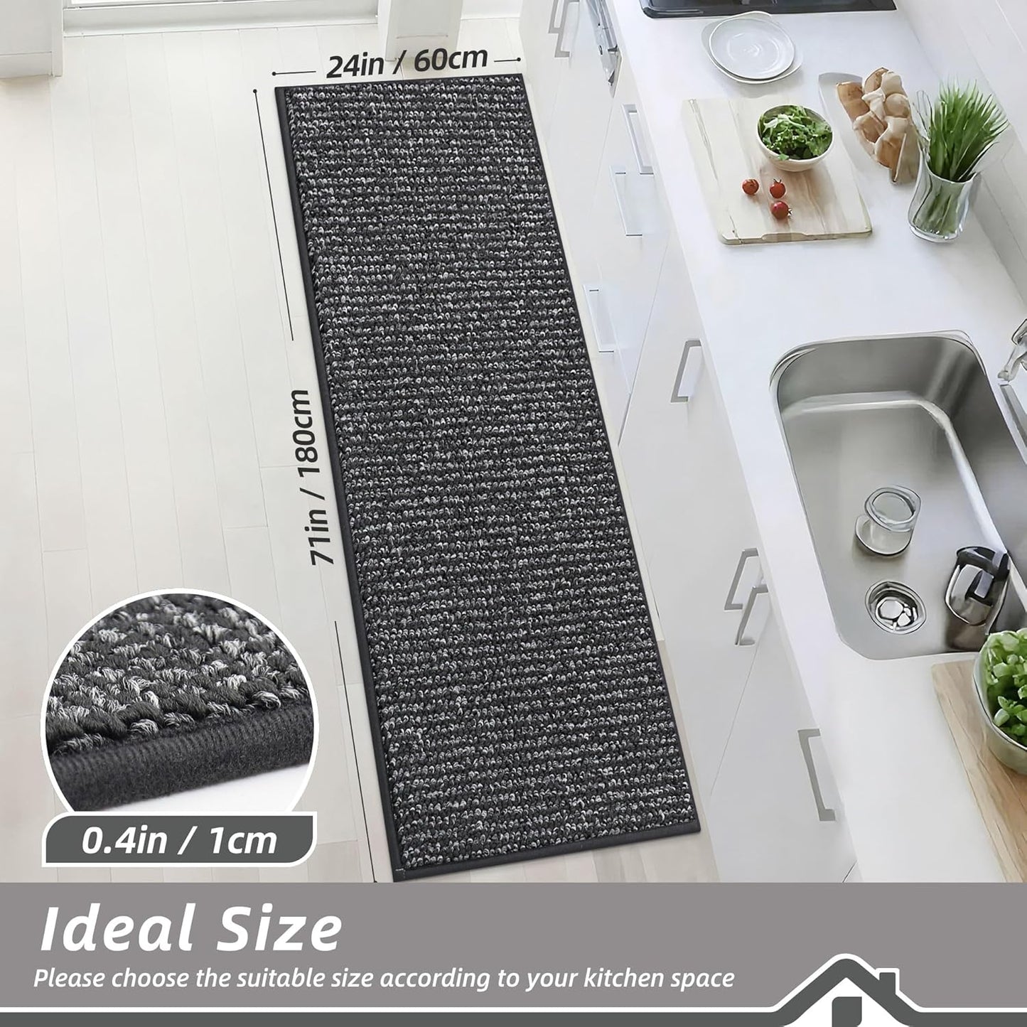 BEQHAUSE Kitchen Runner Rugs 24"x72", Non-Slip Kitchen Mats for Floor, Super Absorbent and Stain Resistant Kitchen Rug, Machine Washable Rugs for Kitchen, Hallway, Laundry & Sink, Charcoal