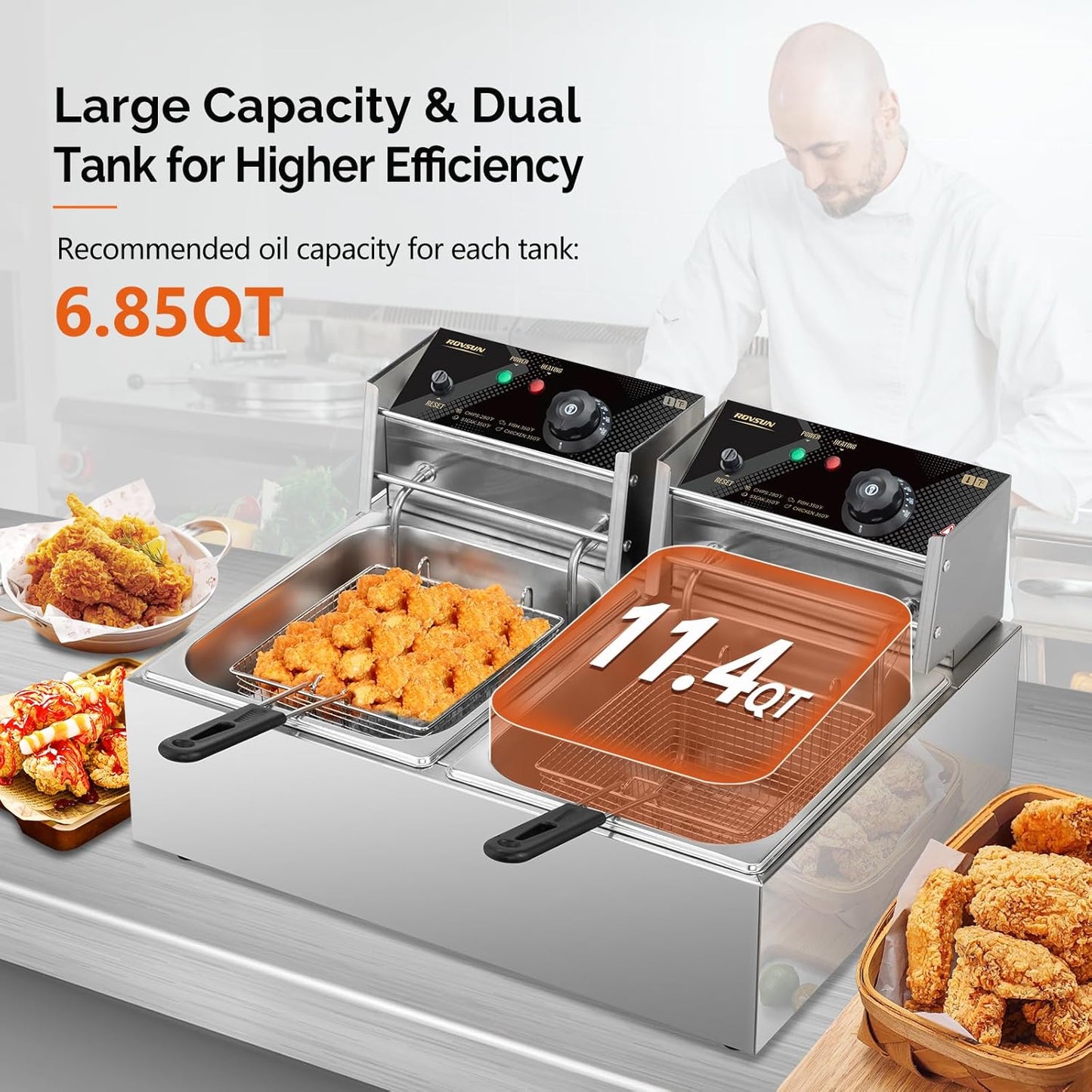 ROVSUN 22.8QT Commercial Deep Fryer with Baskets & Lids, 21.8L Stainless Steel Electric Double Fryer, Countertop Kitchen Frying Machine w/Temperature Control, French Fries Donuts 3400W