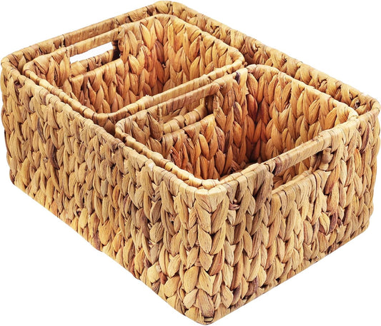 HOONEX Water Hyacinth Storage Baskets, Wicker Baskets for Storage, Hand Woven Baskets with Carry Handles, Set of 3, Natural